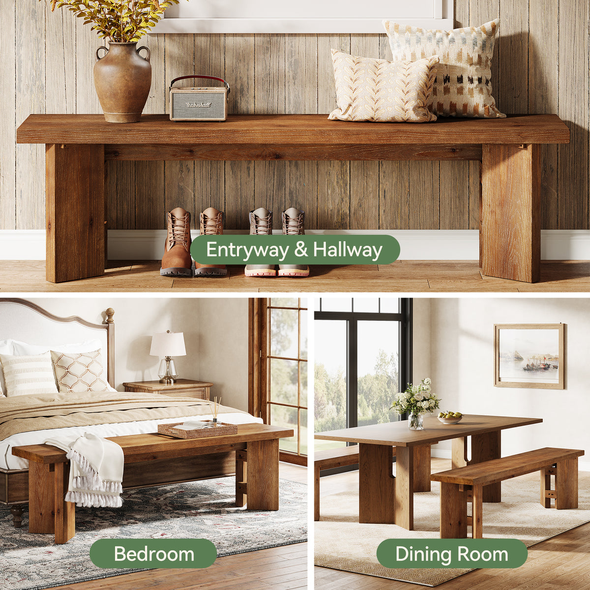 Tribesigns 63 Inch Solid Wood Entryway Bench with Thickened Legs
