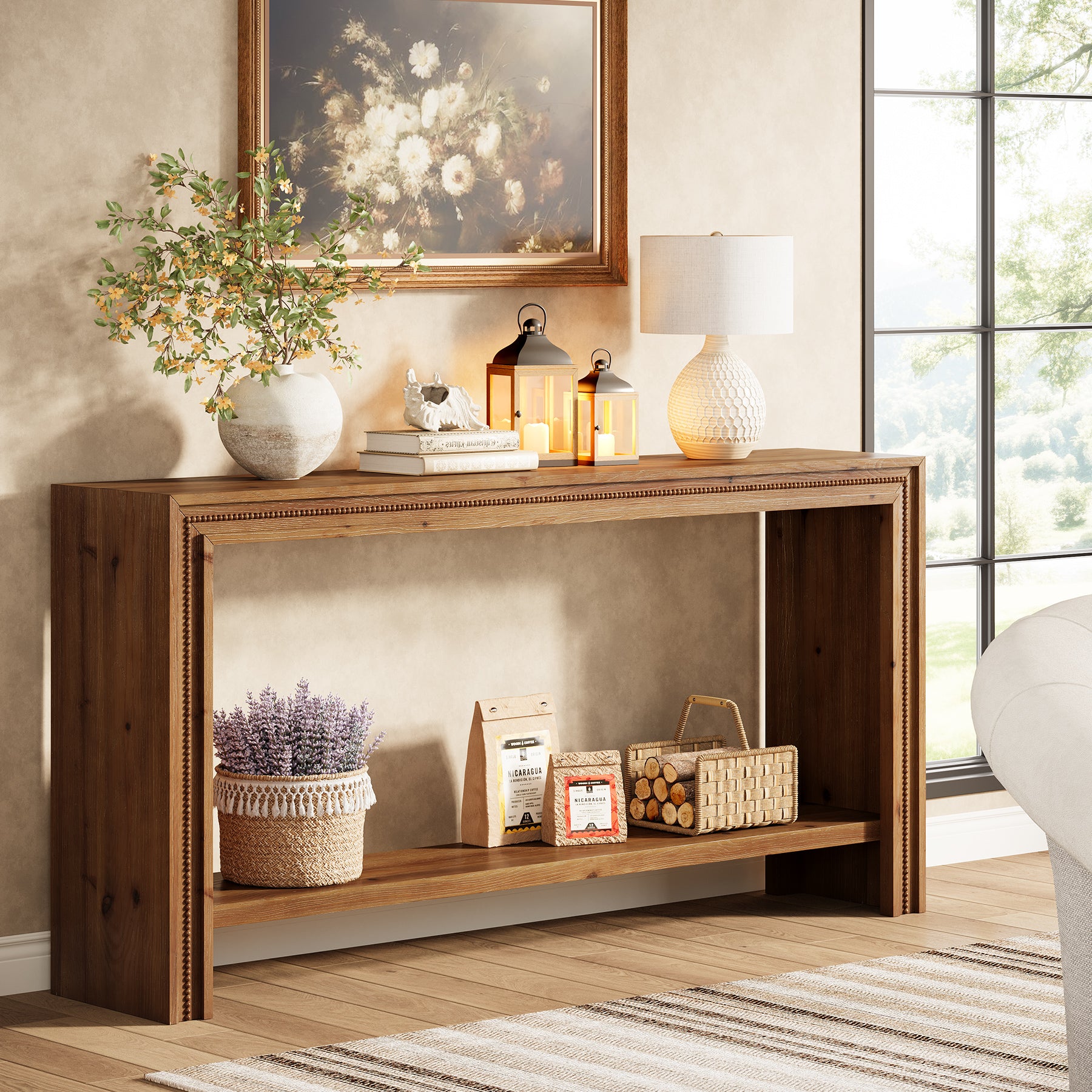 Tribesigns 63-Inch Solid Wood Console Table with Rivet Detailing and 2-Tier Storage Shelf, Farmhouse Narrow Entryway Table for Living Room Hallway and Entryway