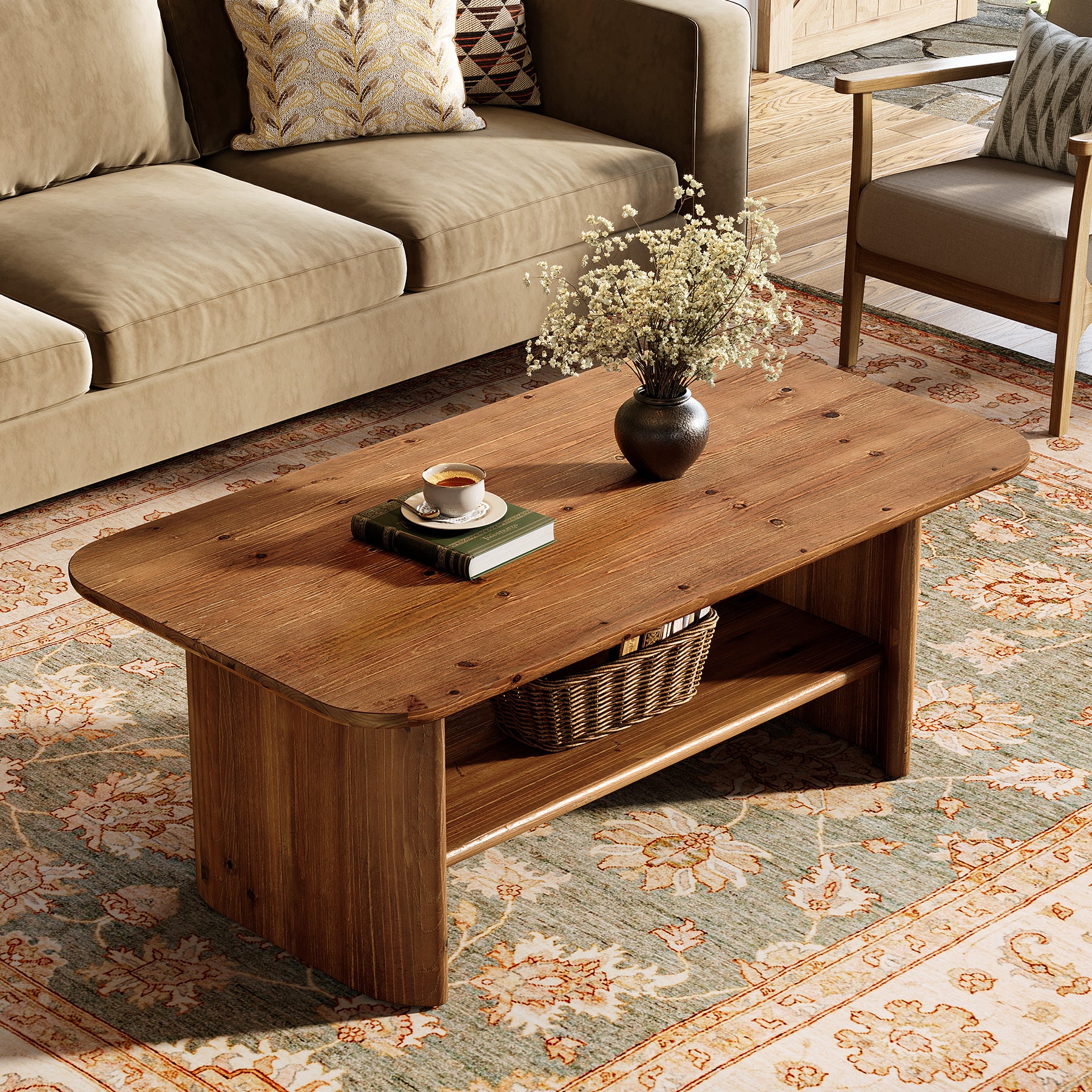 47" Solid Wood Coffee Table with 2-Tier Storage, Rectangular Living Room Center Table