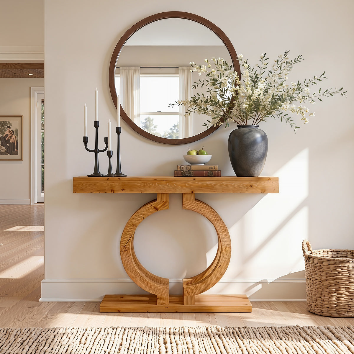 43.3-Inch Solid Wood Console Table with Double-Circle Base, Narrow Entryway Accent Table for Hallway