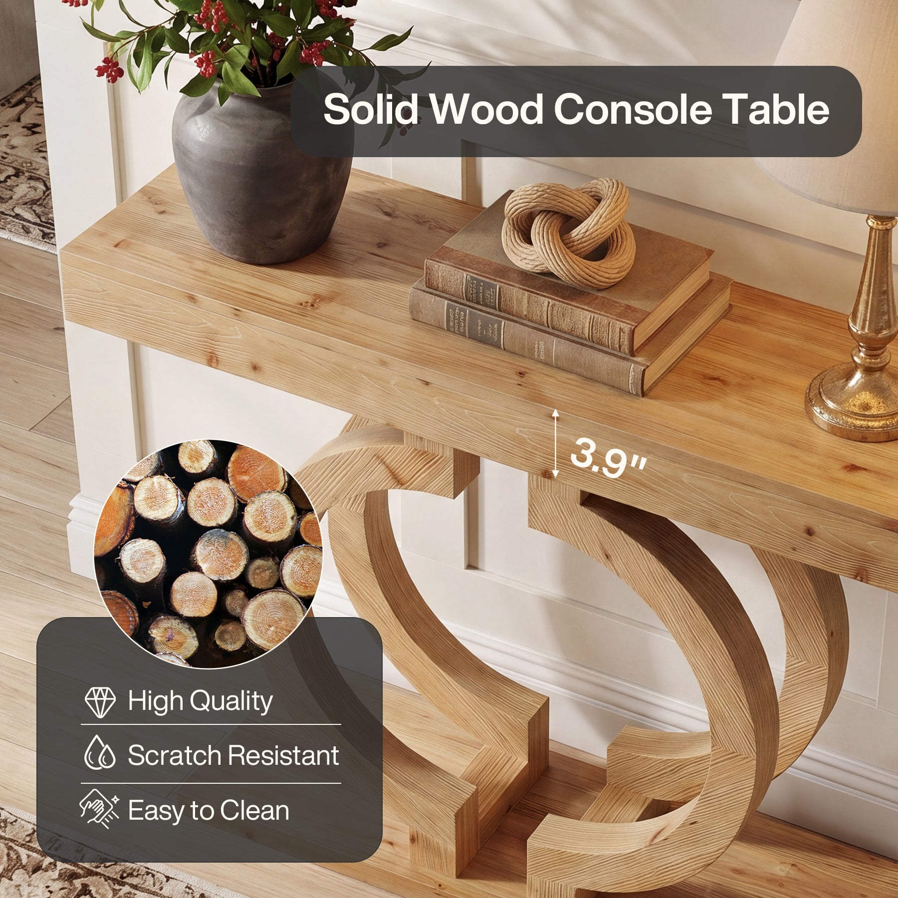 43.3-Inch Solid Wood Console Table with Double-Circle Base, Narrow Entryway Accent Table for Hallway
