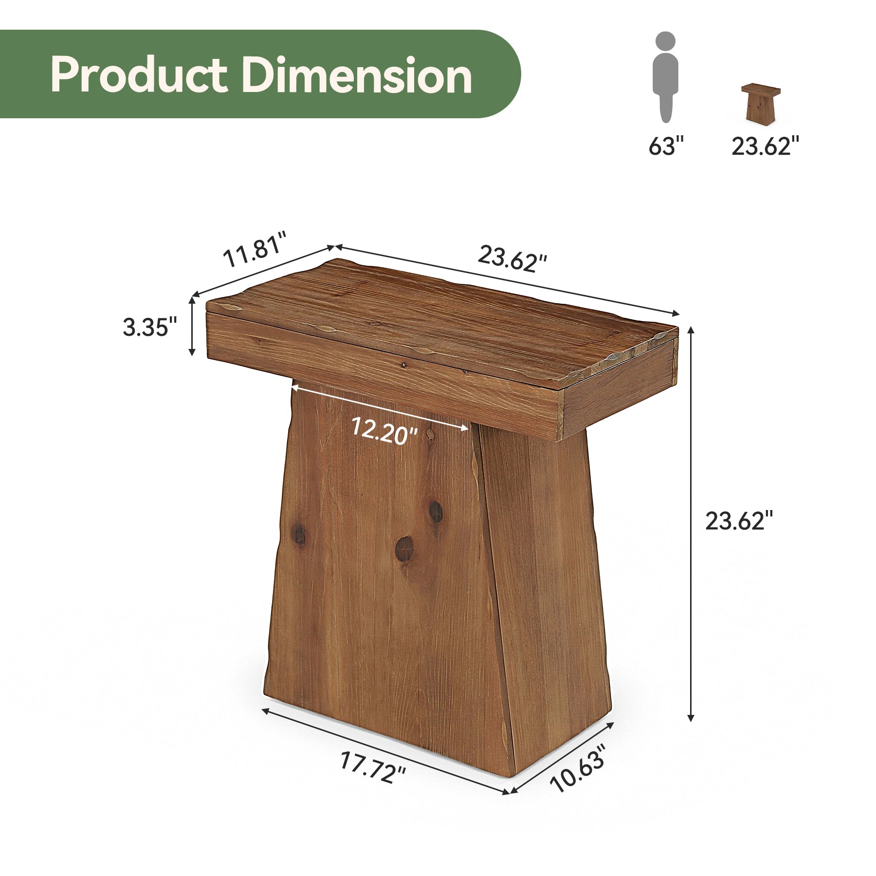Tribesigns 23.6 Inch Solid Wood Side Table with Trapezoid Base, Rustic End Table for Small Spaces