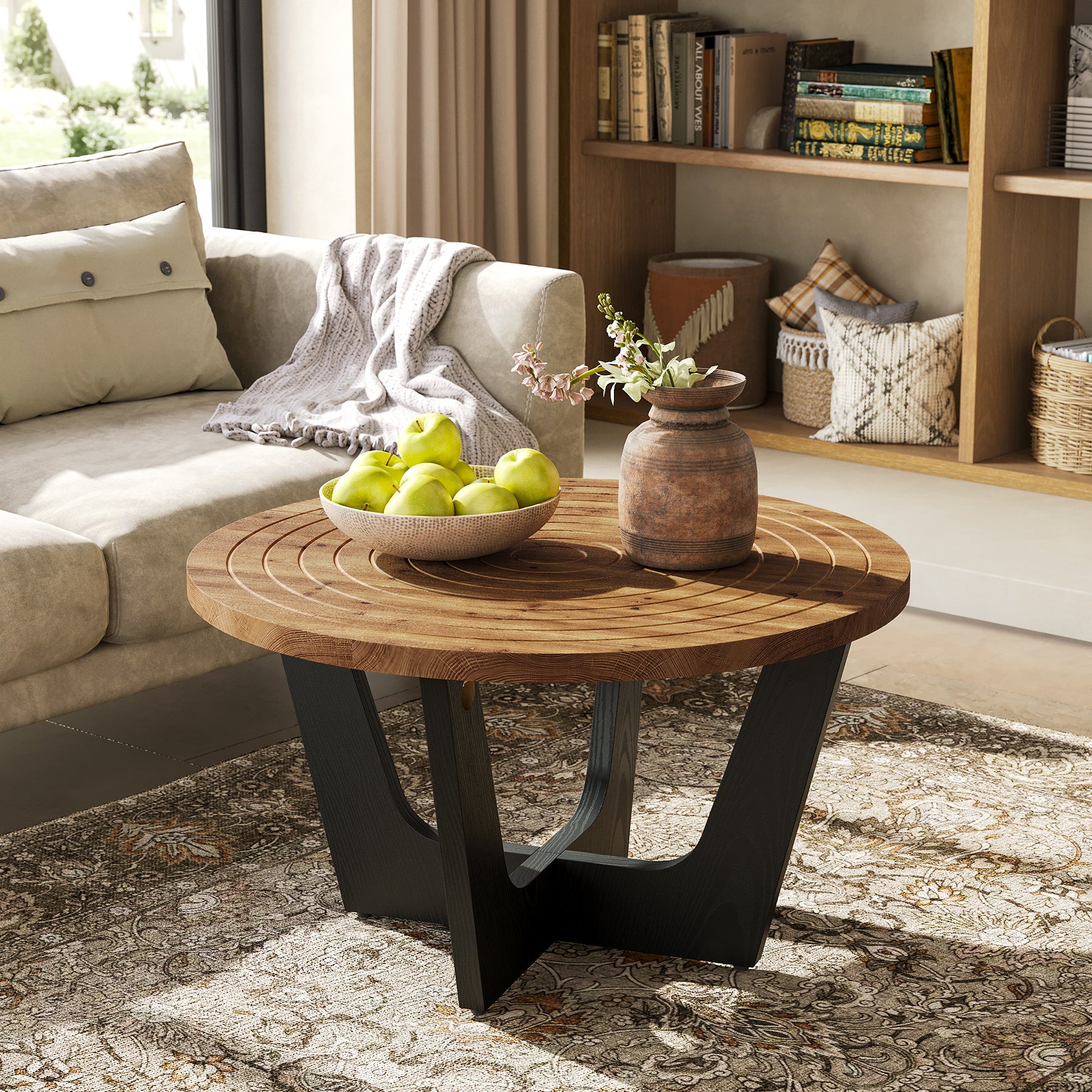 31.5-Inch Round Solid Wood Coffee Table with Ring Groove