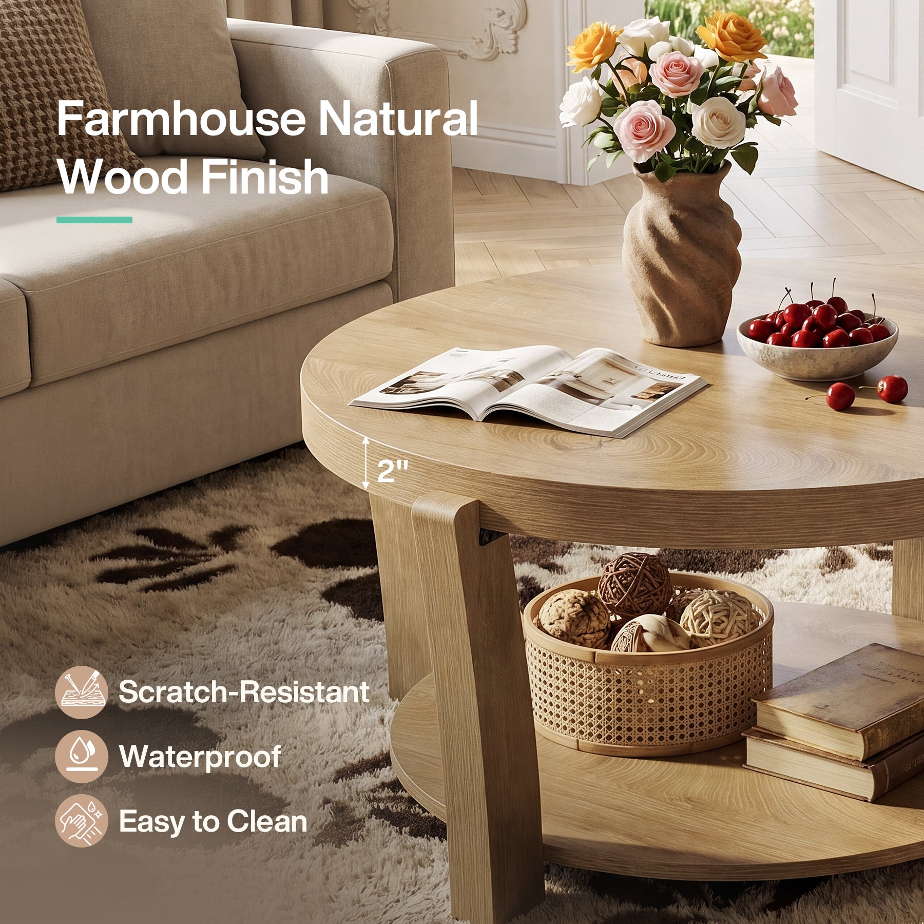 31.5-Inch Round Coffee Table with 2-Tier Open Storage, Farmhouse Wooden Center Table for Living Room