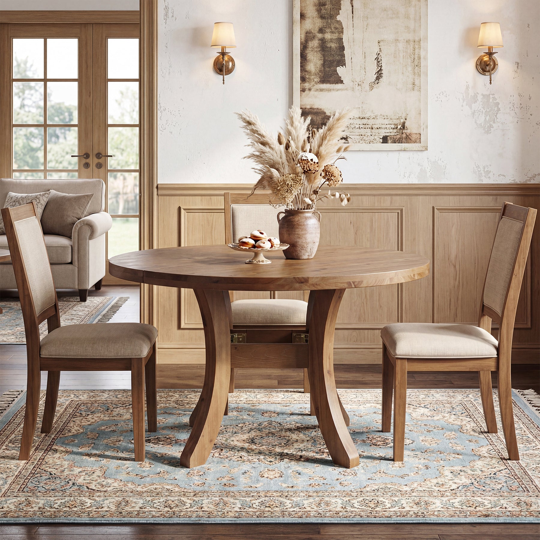 Tribesigns 47" Round Dining Table, Solid Wood Farmhouse Kitchen Table for 4-6 with Curved Legs