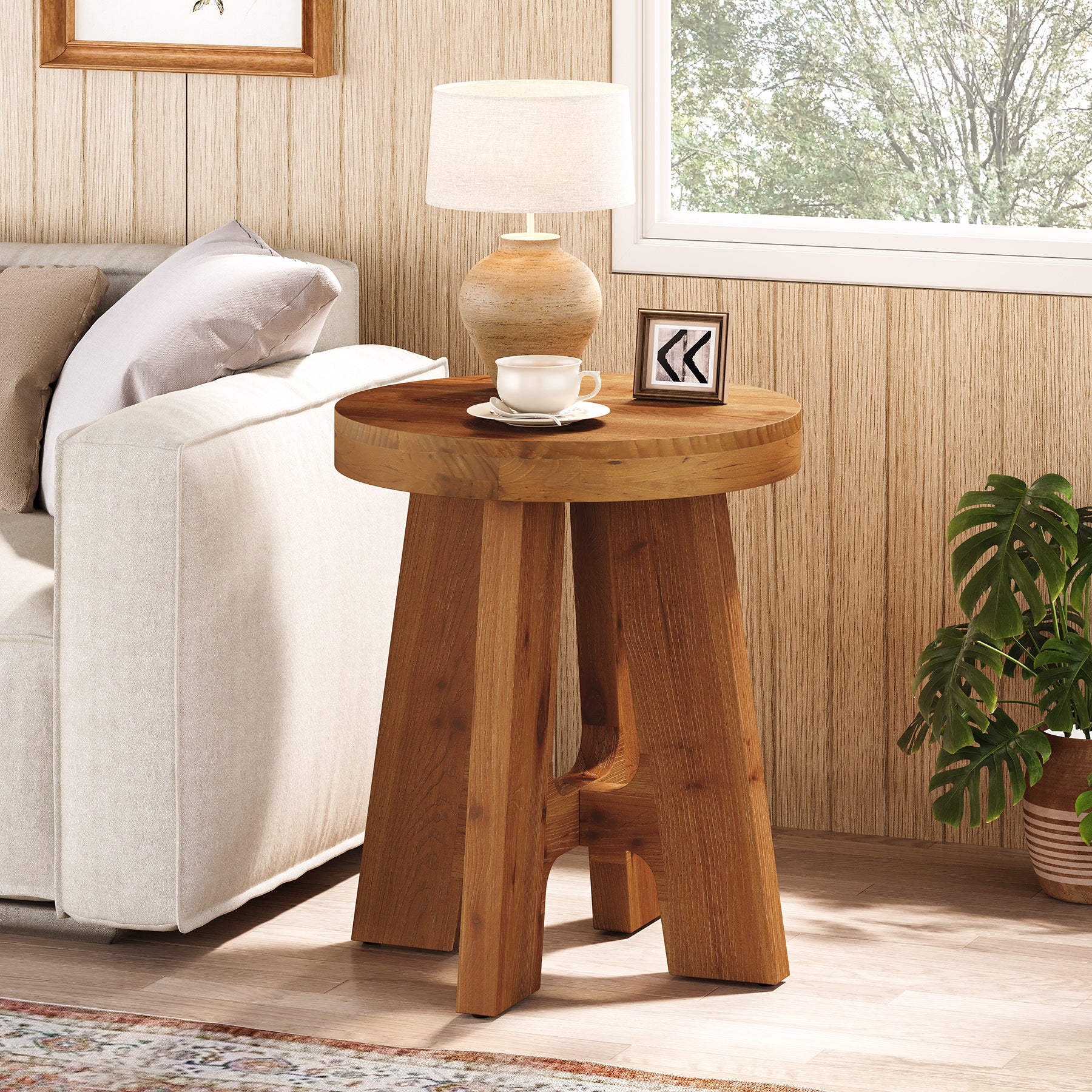 Solid Wood Round Side Table with Heavy-Duty Legs, Farmhouse End Table for Living Room