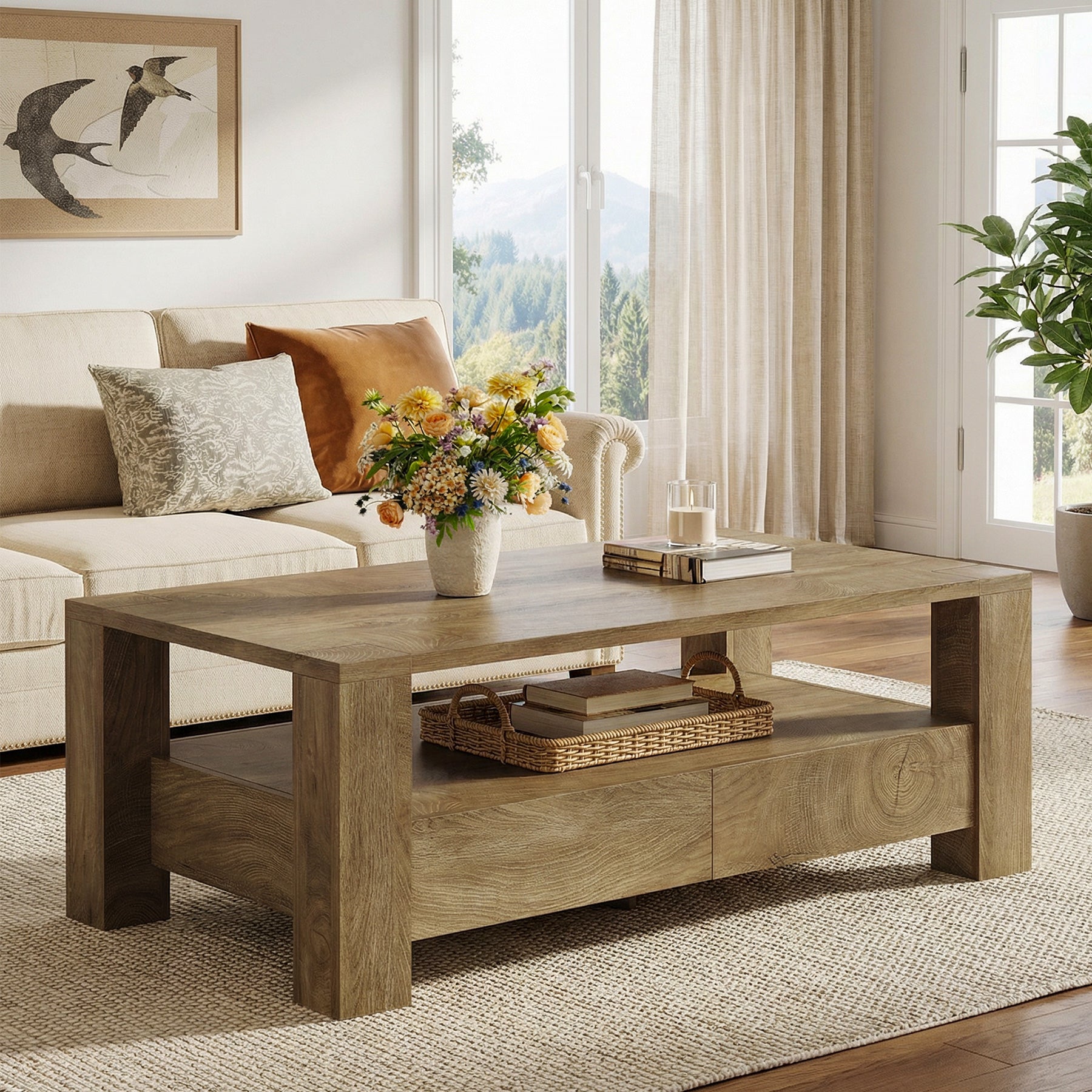 Tribesigns 47-Inch Coffee Table with Storage, Farmhouse Center Table with Drawers & Open Shelf
