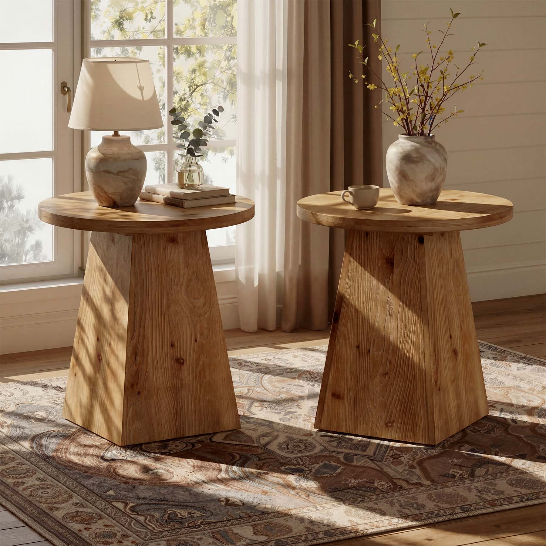 Tribesigns 18.9-Inch Round Solid Wood End Table with Trapezoid Base