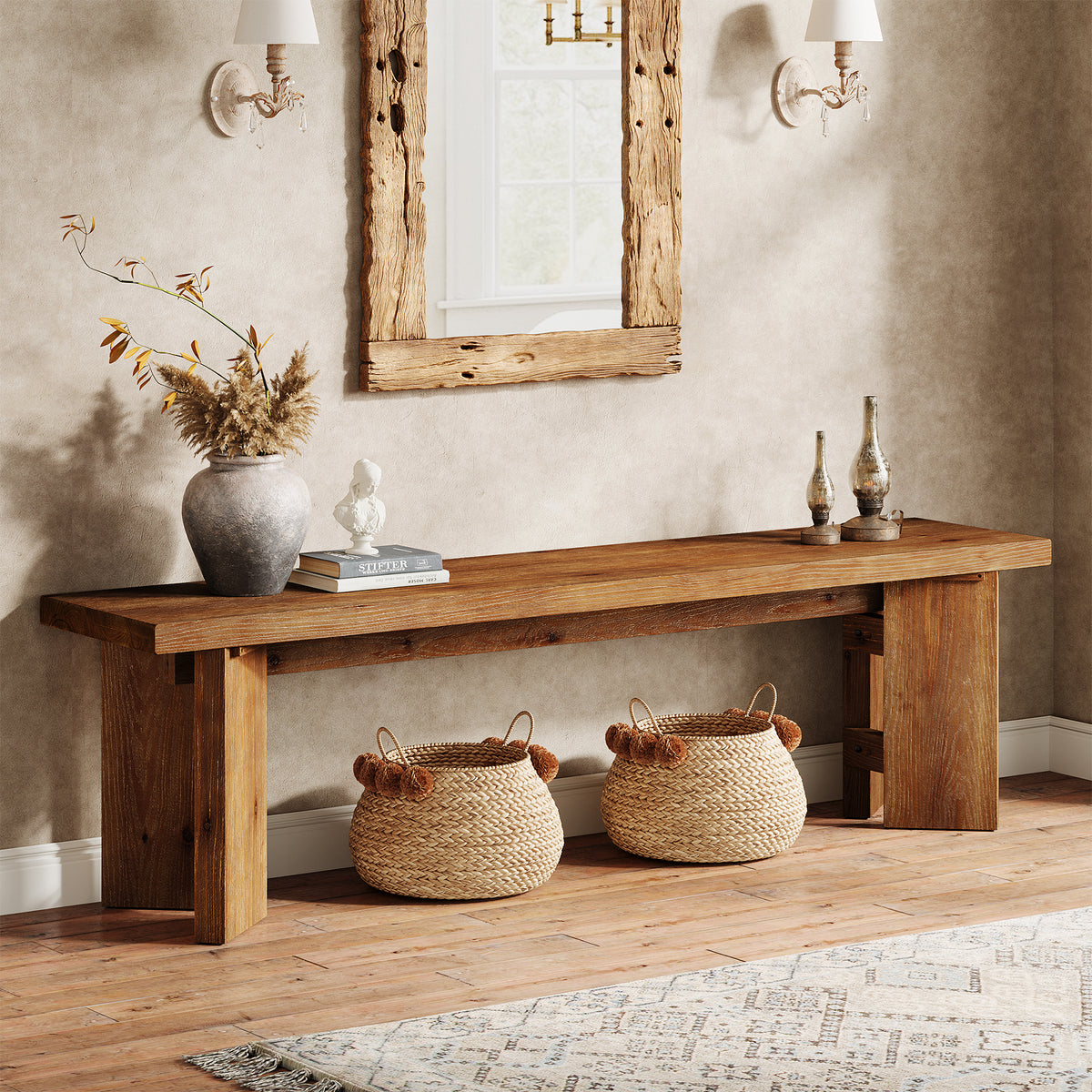 Tribesigns 63 Inch Solid Wood Entryway Bench with Thickened Legs
