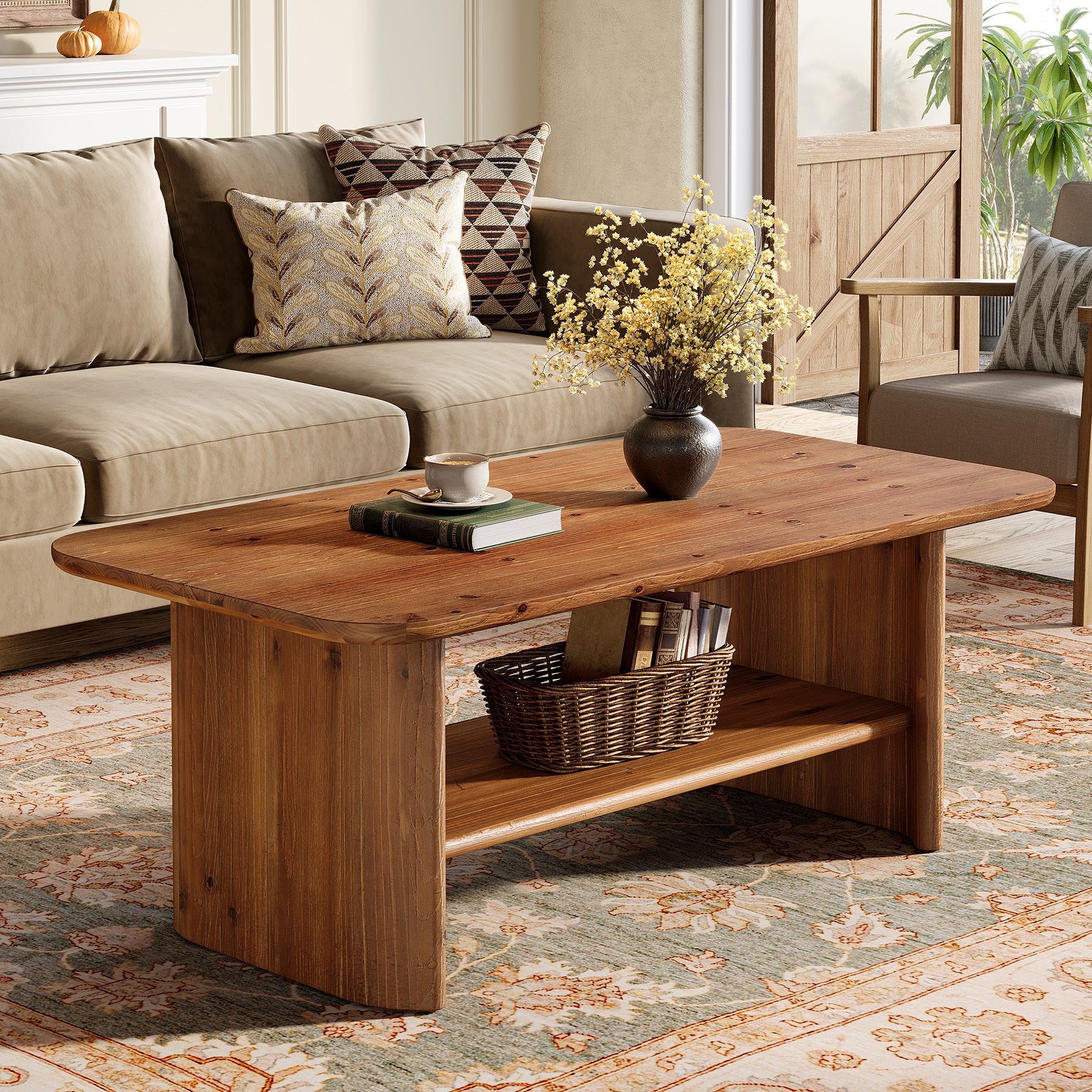 47" Solid Wood Coffee Table with 2-Tier Storage, Rectangular Living Room Center Table