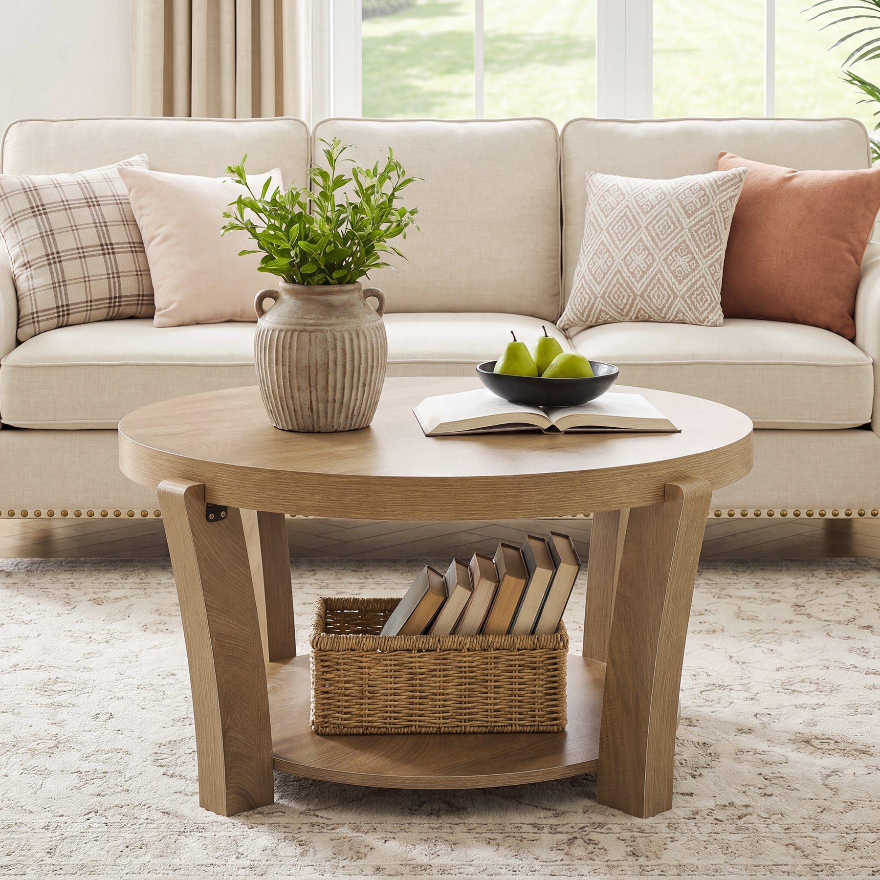 31.5-Inch Round Coffee Table with 2-Tier Open Storage, Farmhouse Wooden Center Table for Living Room