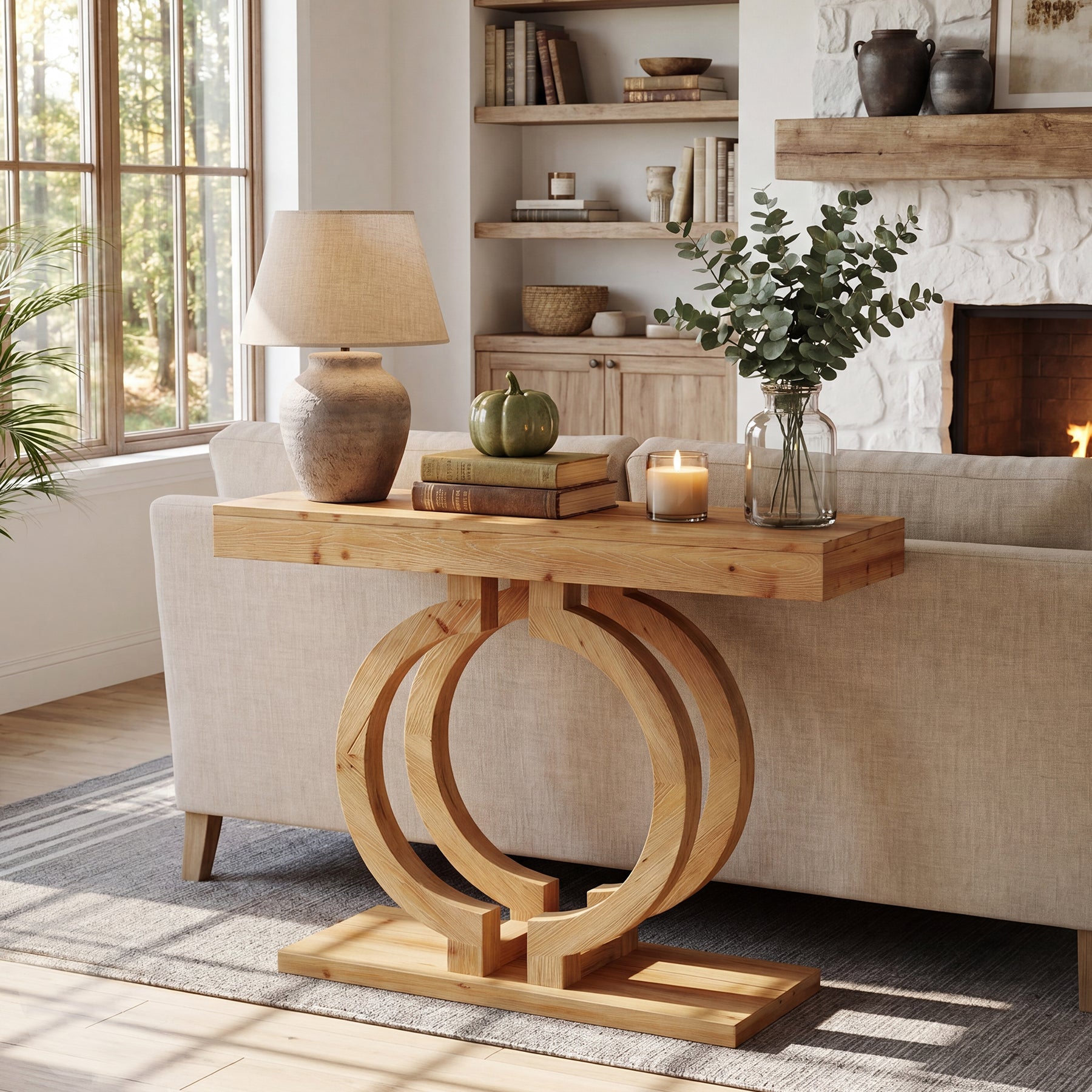 43.3-Inch Solid Wood Console Table with Double-Circle Base, Narrow Entryway Accent Table for Hallway