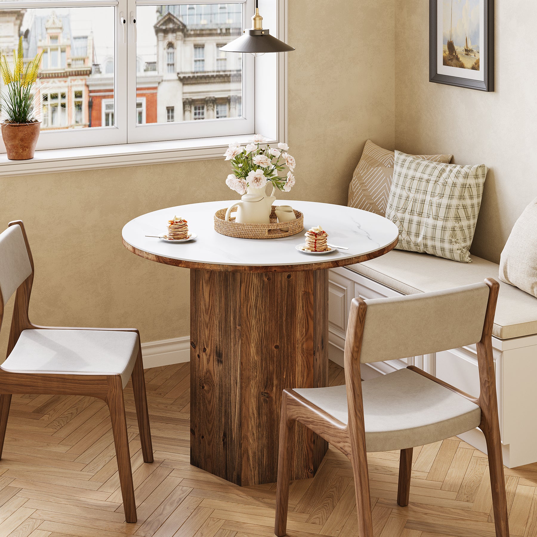 31.5 Inch Round Dining Table for 2–3, Sintered Stone Bistro Table with Solid Wood Base