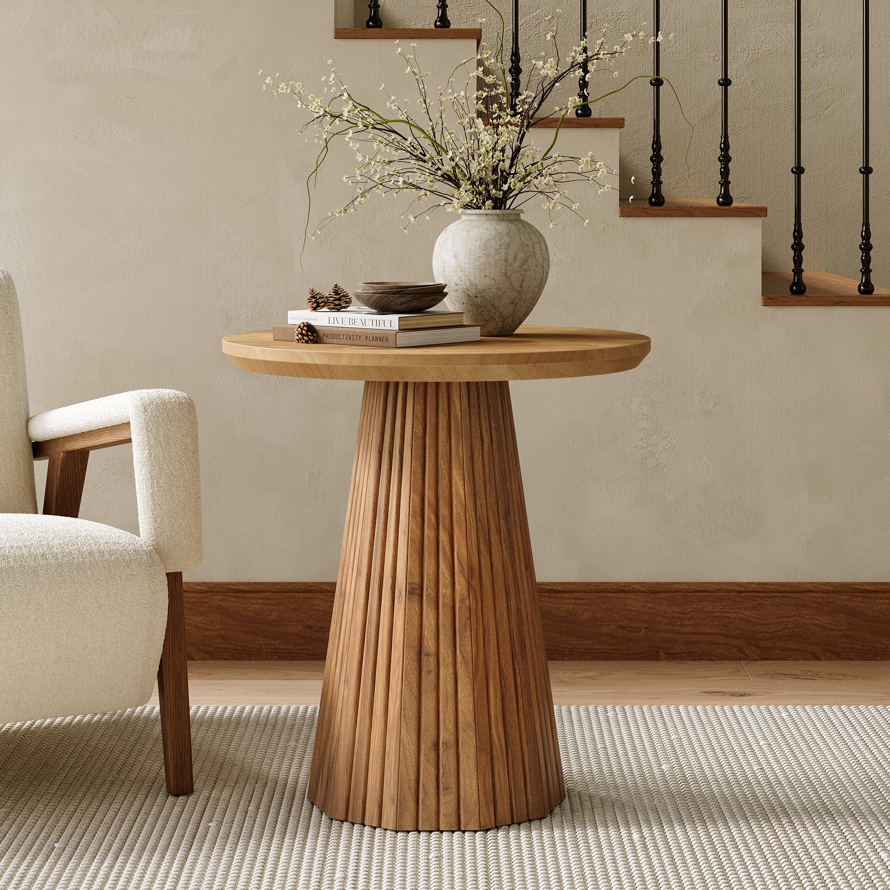 Tribesigns 19.7-Inch Solid Wood End Table with Fluted Base, Small Round Side Table for Small Spaces