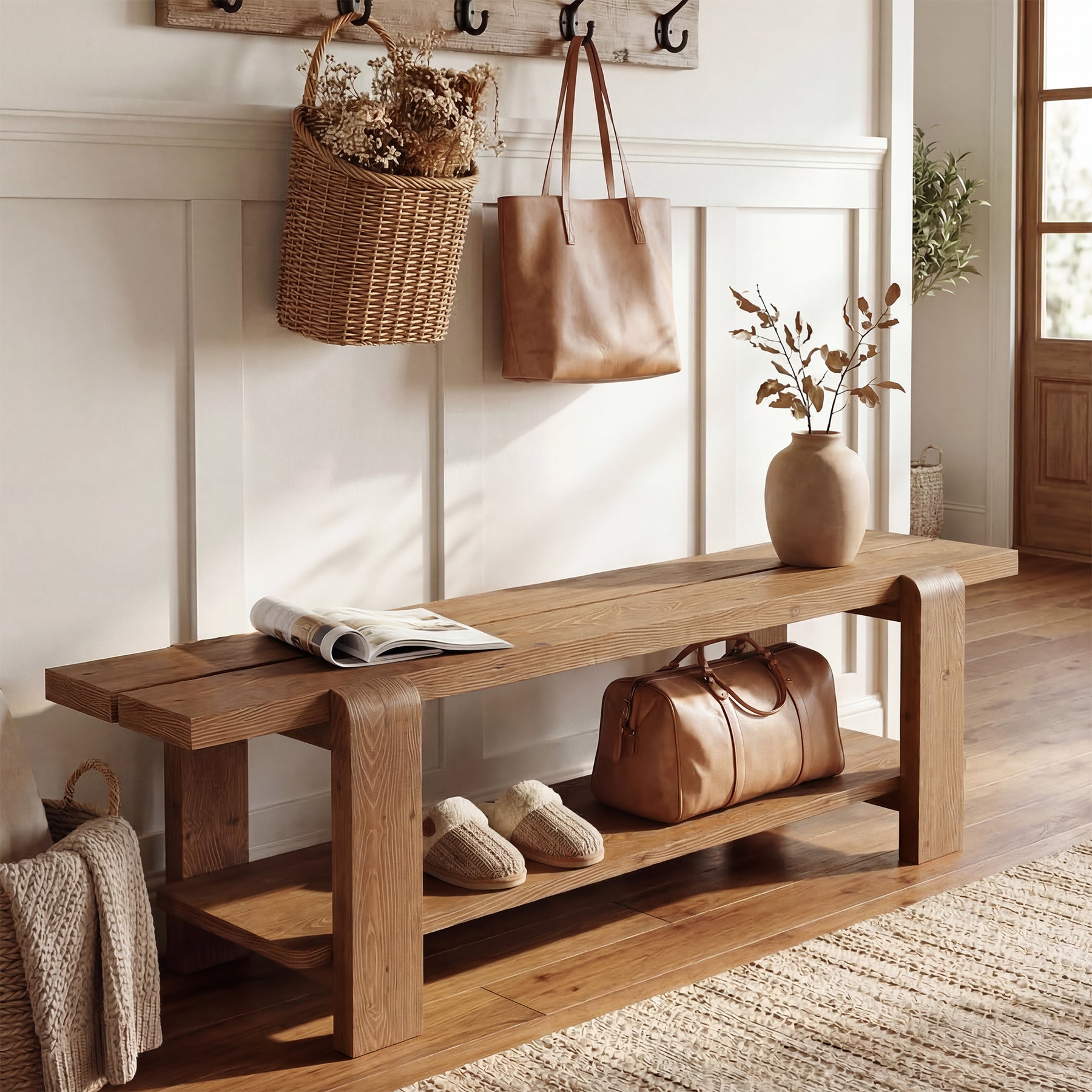 Tribesigns 63-Inch Solid Wood Entryway Bench, Shoe Storage Bench with 2-Tier Shelf for Hallway