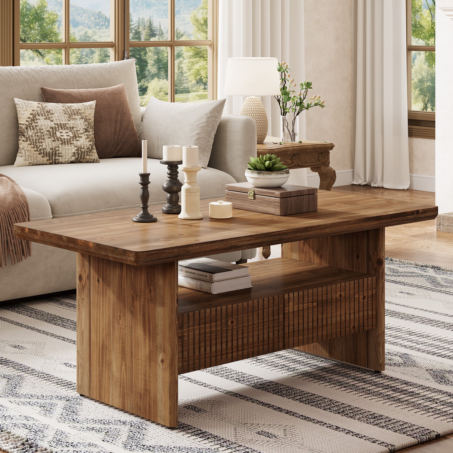 47.24" Solid Wood Coffee Table with Storage, Modern Fluted Two-Tier for Living Room