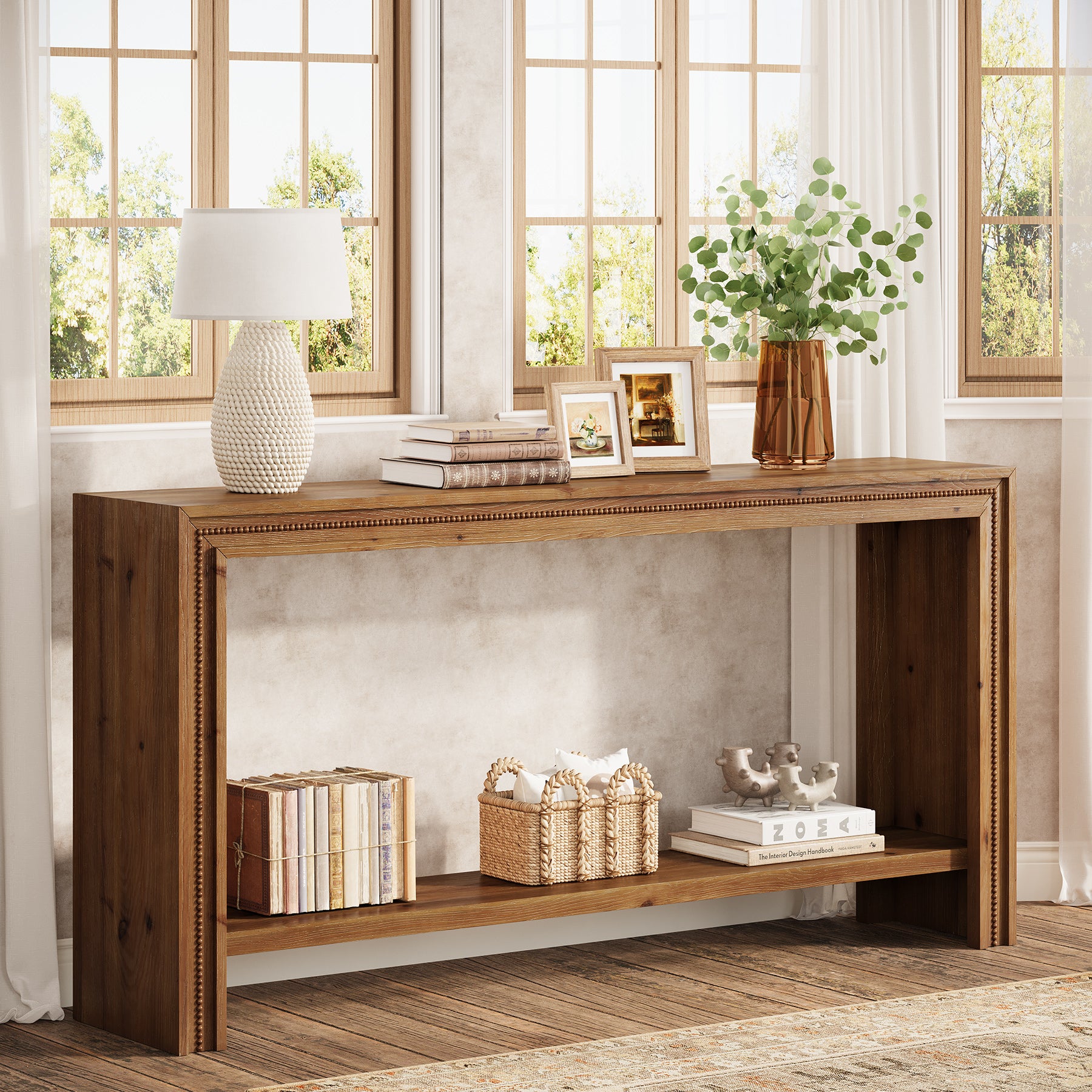 Tribesigns 63-Inch Solid Wood Console Table with Rivet Detailing and 2-Tier Storage Shelf, Farmhouse Narrow Entryway Table for Living Room Hallway and Entryway