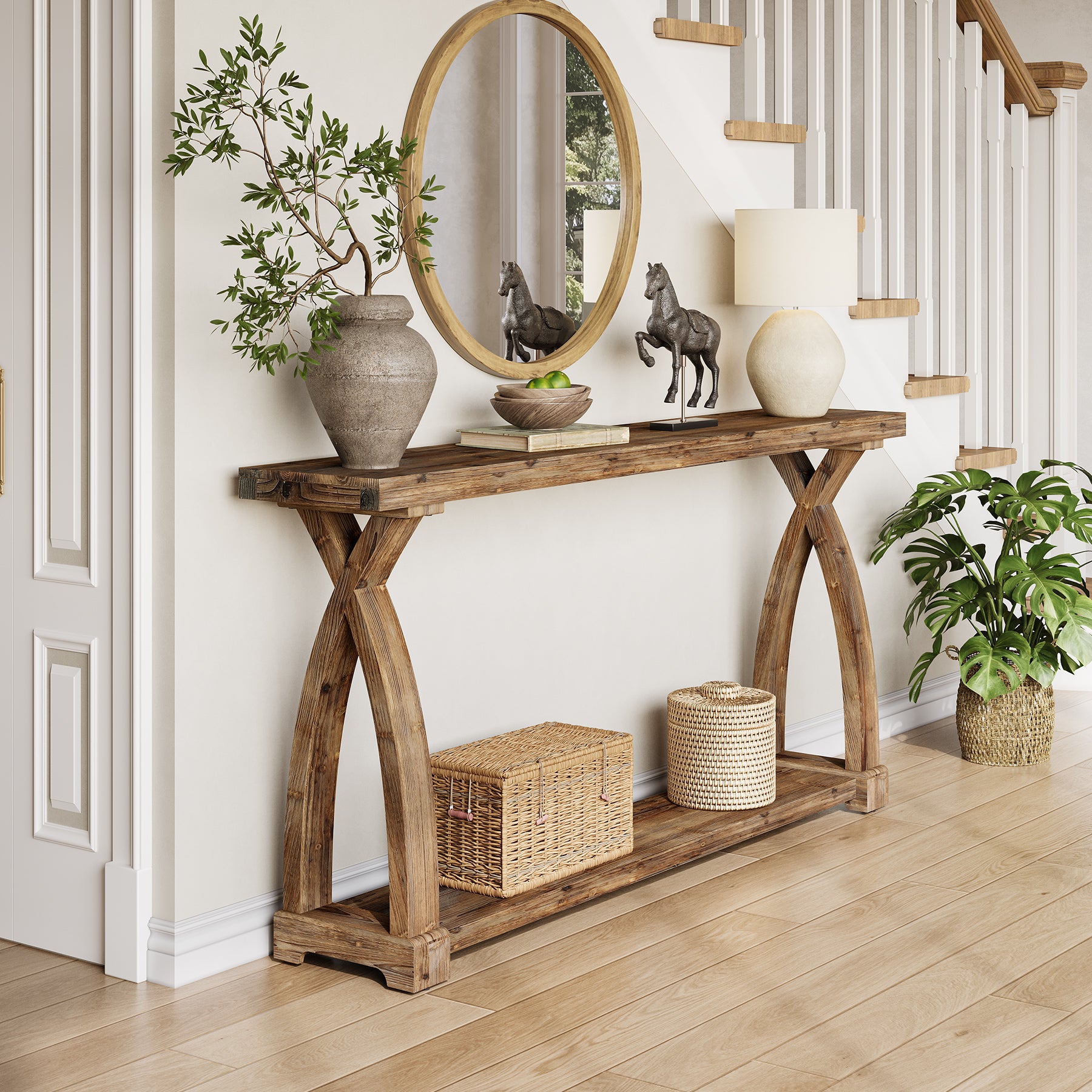 Tribesigns 63-Inch Solid Wood Console Table, Narrow Farmhouse Design with 2-Tier Storage for Entryway and Living Room