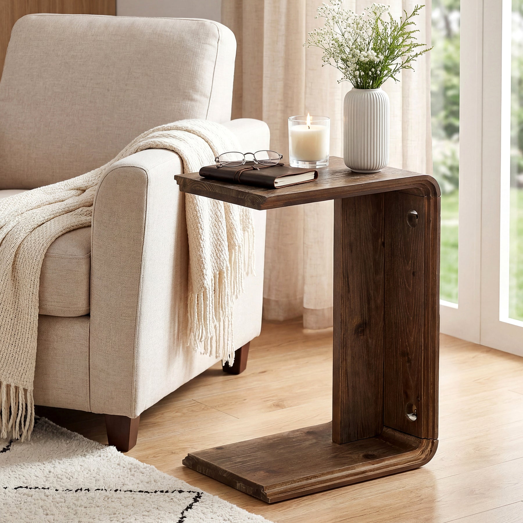 Tribesigns C-Shaped Solid Wood End Table for Small Spaces, Narrow Sofa Side Table for Living Room