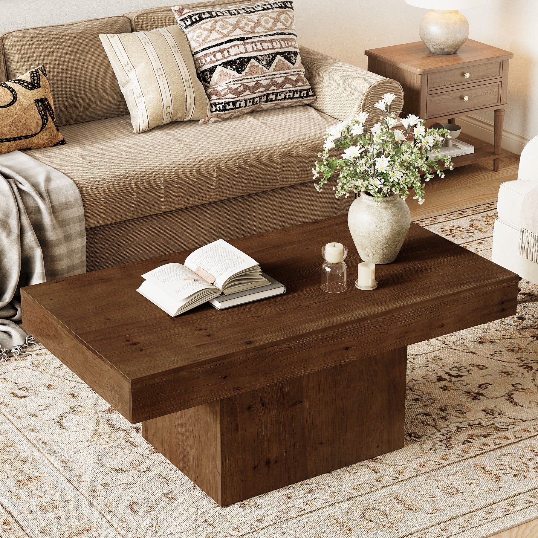 Tribesigns 47.24-Inch Solid Wood Coffee Table, Mid Century Modern Rectangle Center Table with Wooden Pedestal for Living Room