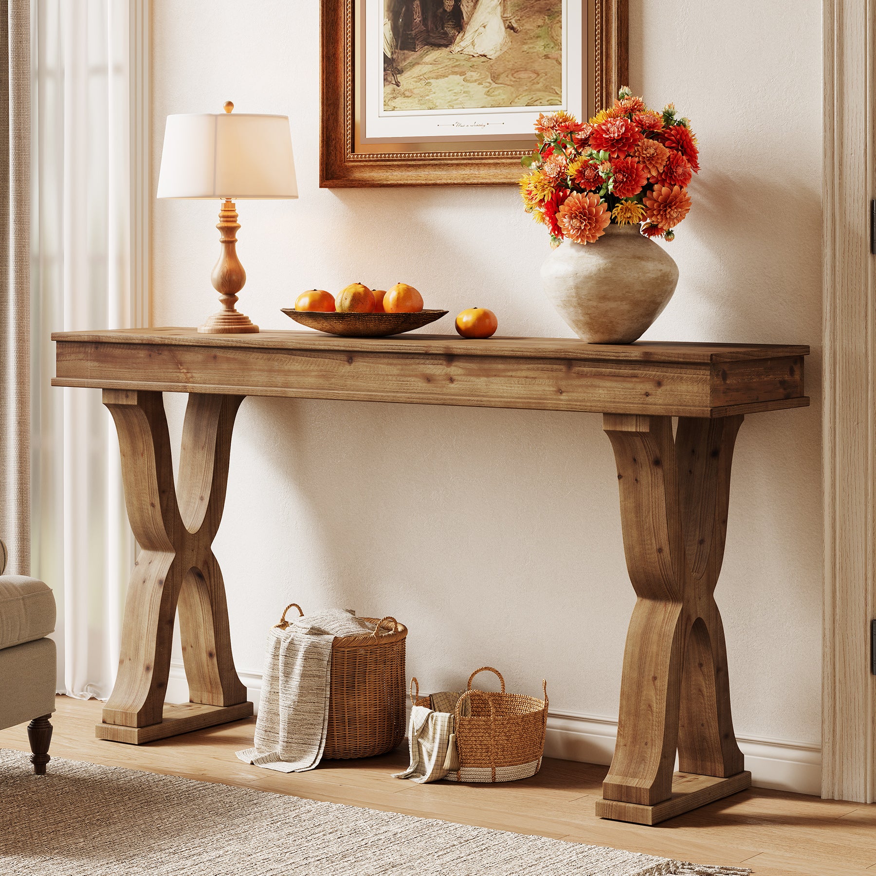 63 Inch Solid Wood Console Table, Farmhouse Narrow Entryway Sofa Table