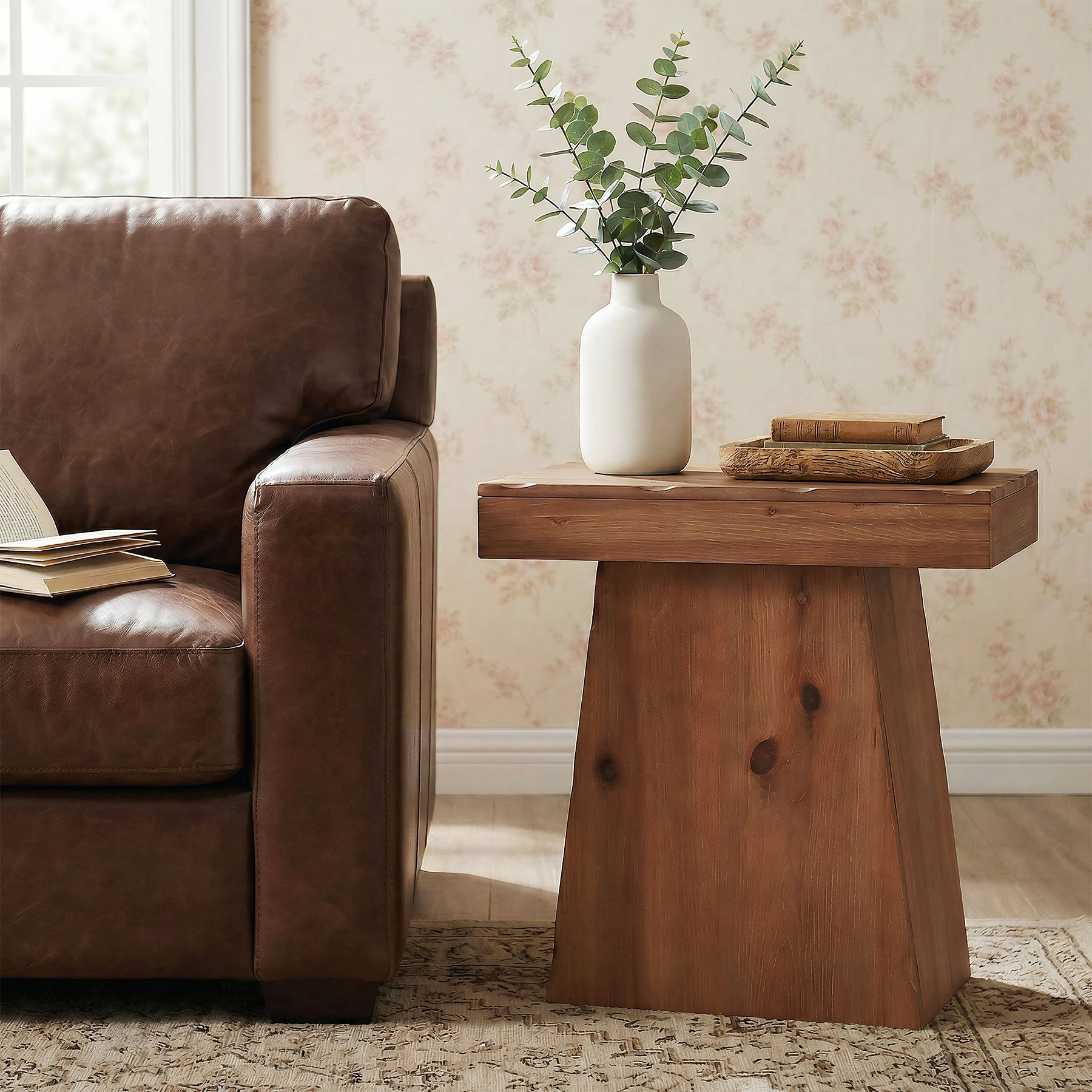 Tribesigns 23.6 Inch Solid Wood Side Table with Trapezoid Base, Rustic End Table for Small Spaces