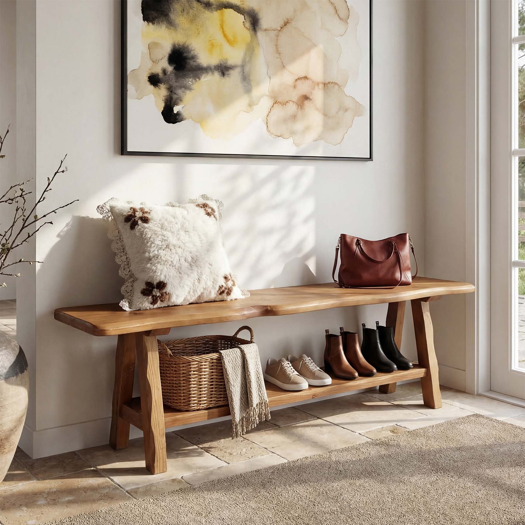 Tribesigns 55-Inch Solid Wood Entryway Bench with Live-Edge, 2-Tier Shoe Storage for Bedroom