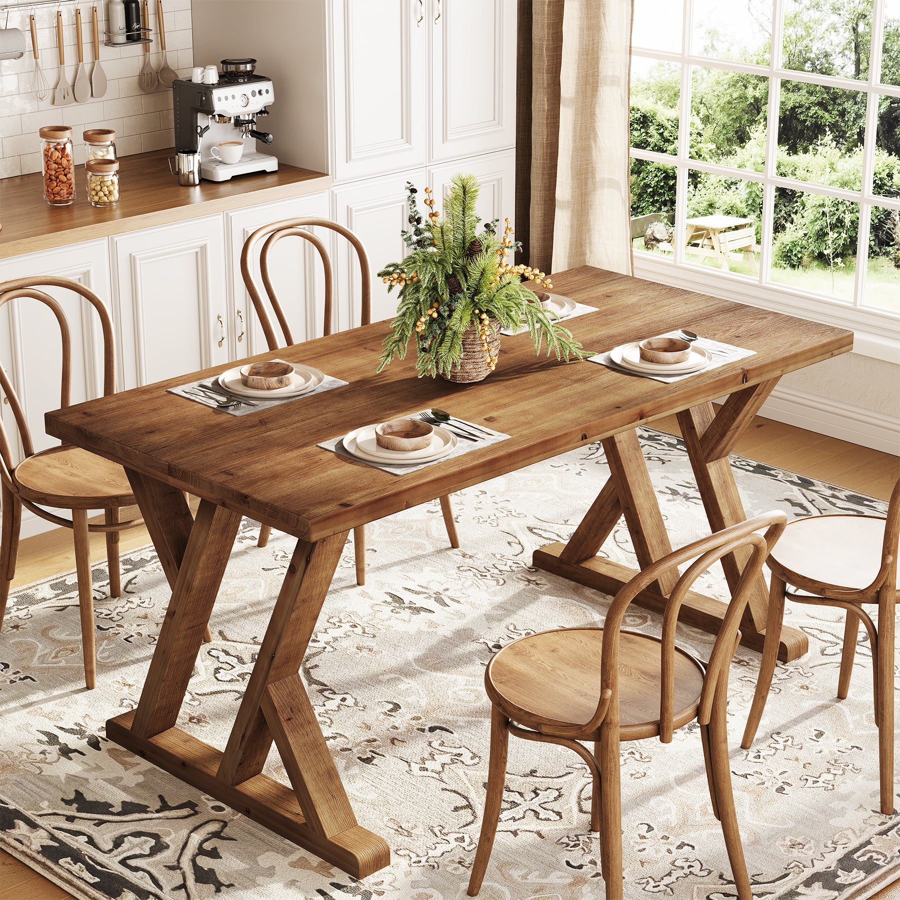 Tribesigns 63-Inch Solid Wood Dining Table with X-Shaped Legs, Rectangular Farmhouse Kitchen Table for 4-6 People Dining Room Rustic Brown