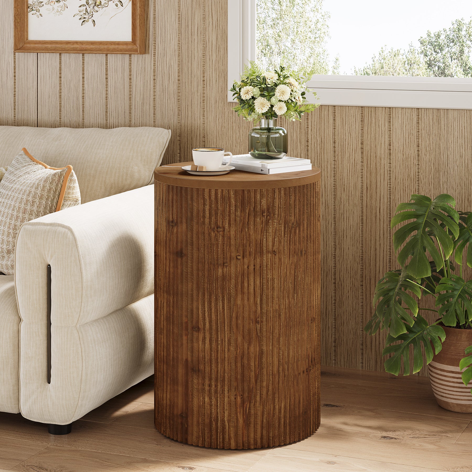 Tribesigns Solid Wood Round Side Table with Fluted Design and 4 Wheels, No-Assembly End Table with Storage for Living Room Bedroom and Small Spaces