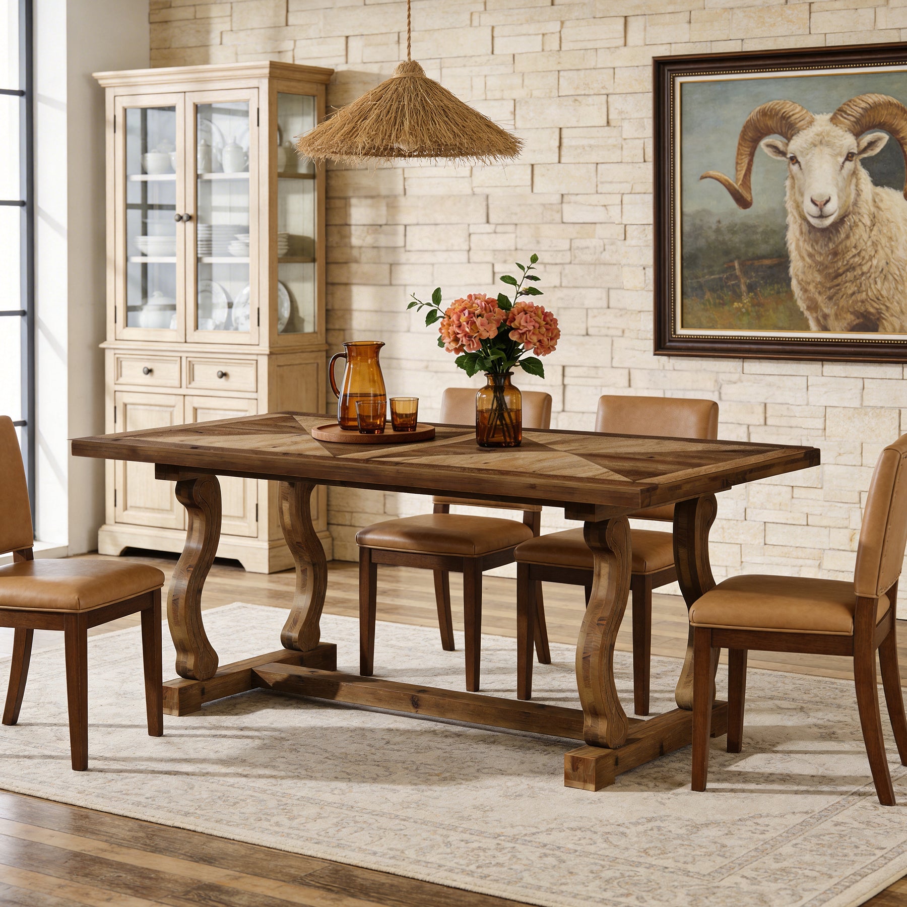 Tribesigns 63-Inch Solid Wood Dining Table with Diamond Parquetry, Farmhouse Table for Dining Room