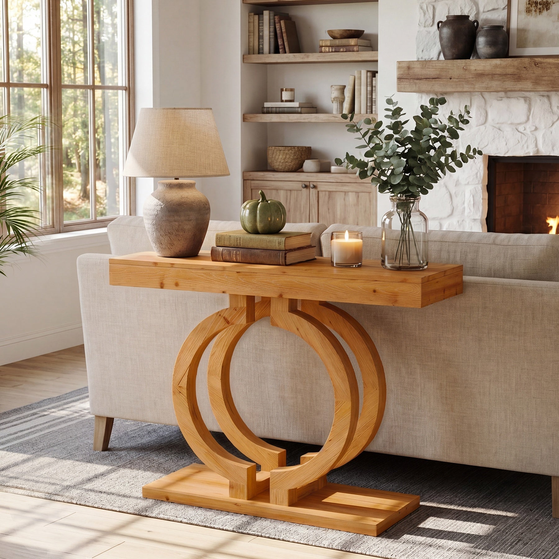 43.3-Inch Solid Wood Console Table with Double-Circle Base, Narrow Entryway Accent Table for Hallway