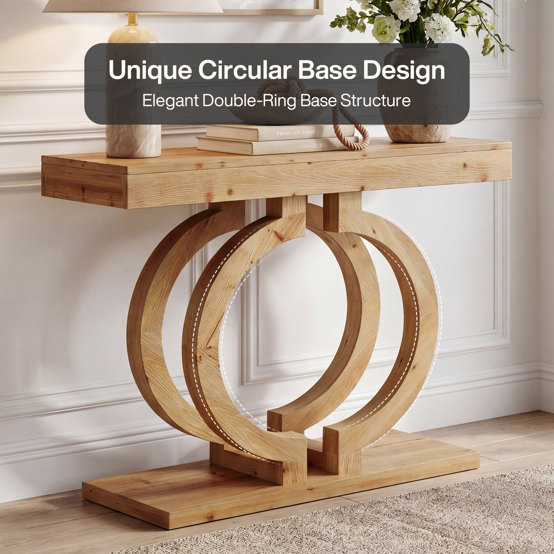 43.3-Inch Solid Wood Console Table with Double-Circle Base, Narrow Entryway Accent Table for Hallway