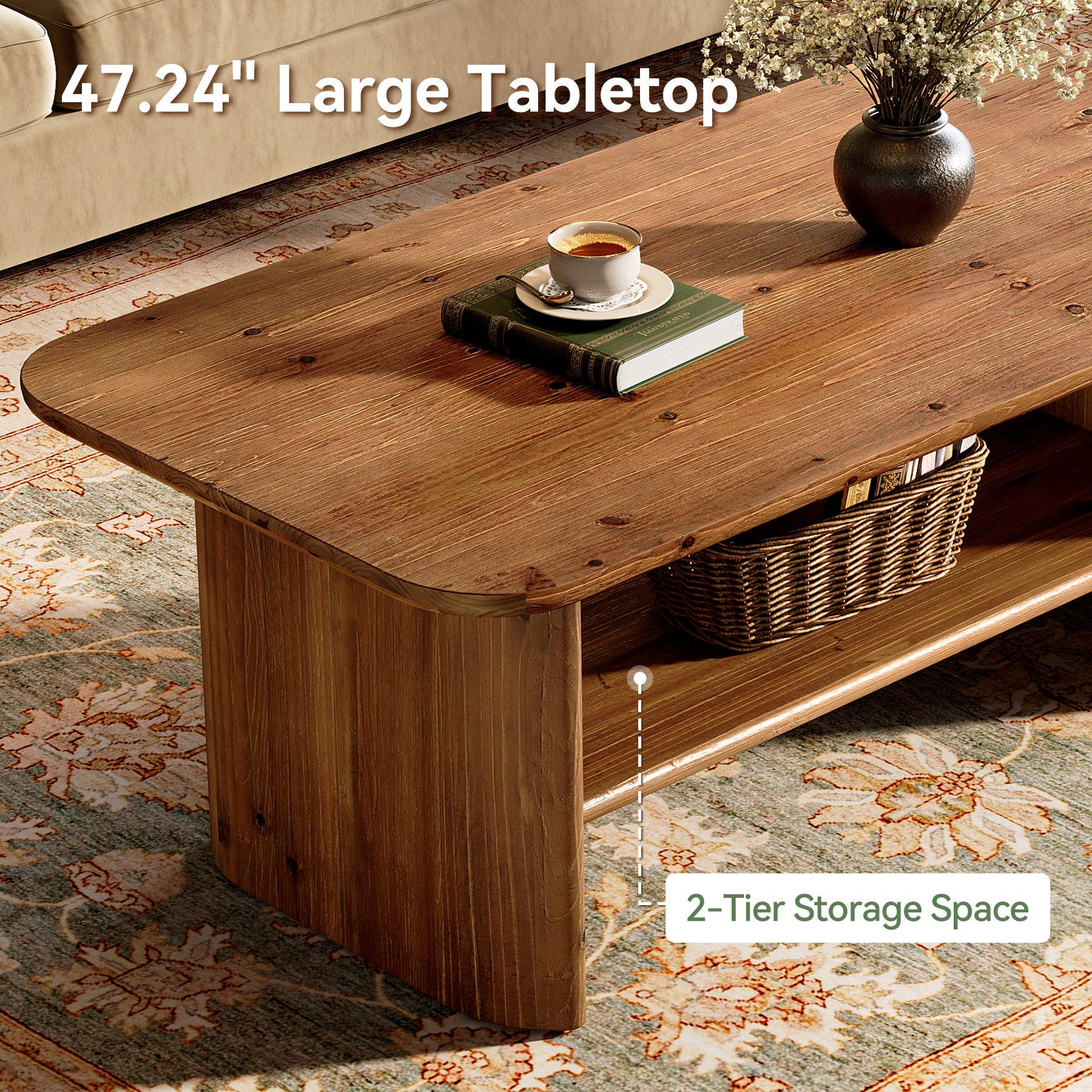 47" Solid Wood Coffee Table with 2-Tier Storage, Rectangular Living Room Center Table