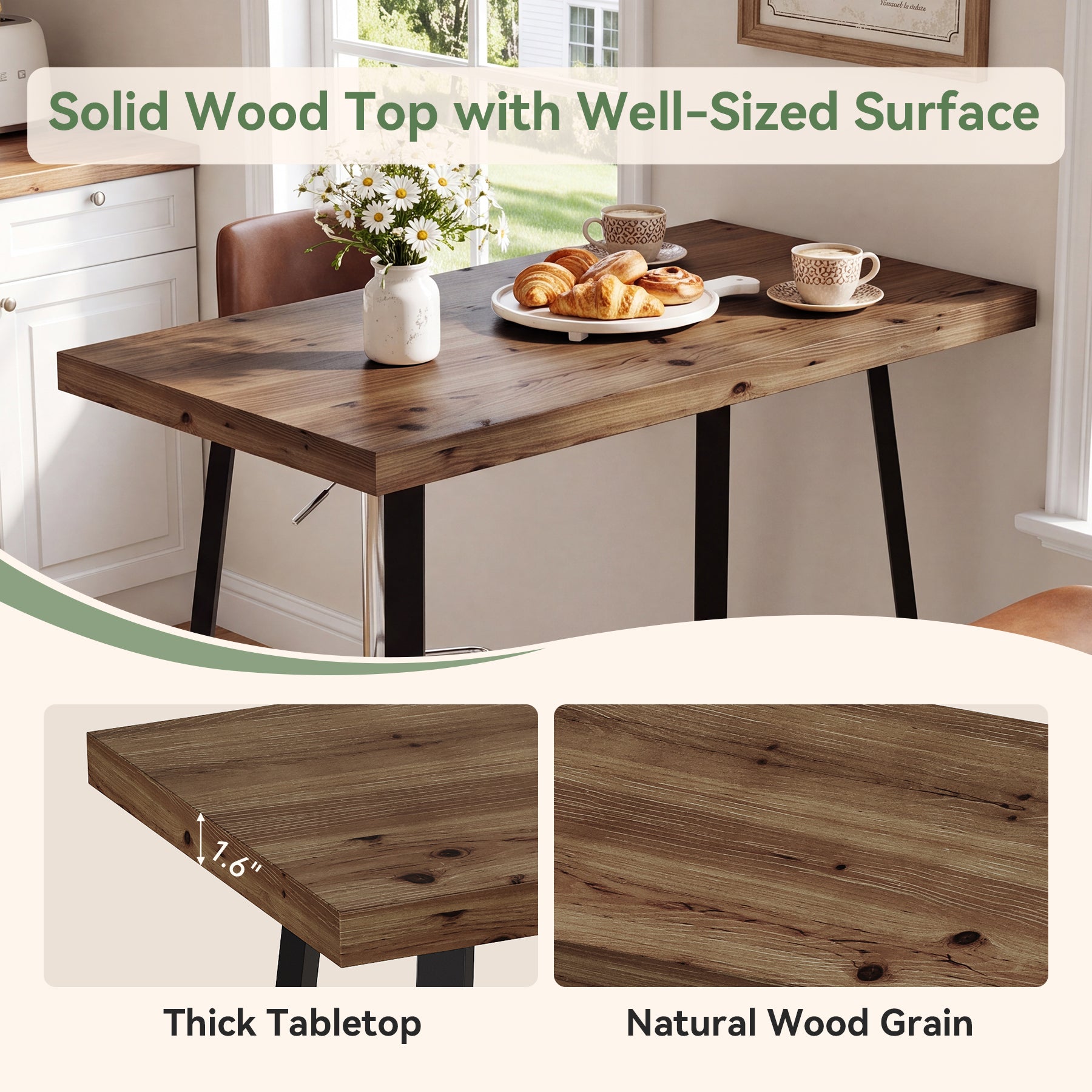 Tribesigns 41.3-Inch Solid Wood Bar Table with Footrest, Industrial Pub Table for Small Kitchens