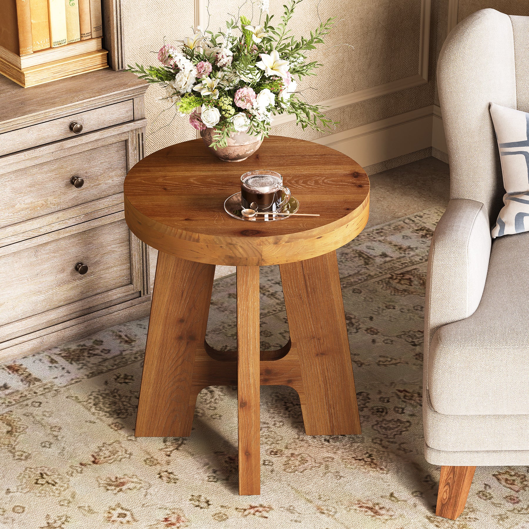Solid Wood Round Side Table with Heavy-Duty Legs, Farmhouse End Table for Living Room