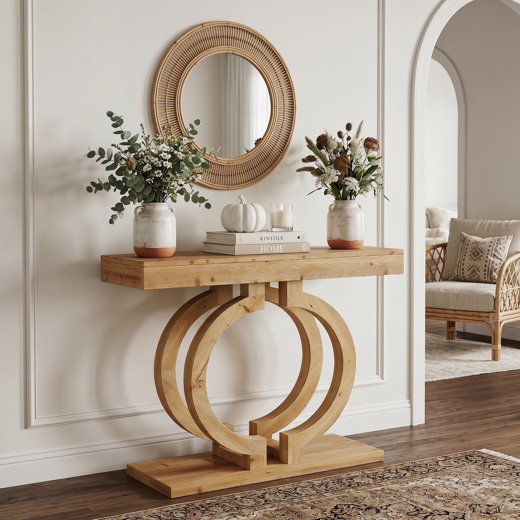 43.3-Inch Solid Wood Console Table with Double-Circle Base, Narrow Entryway Accent Table for Hallway