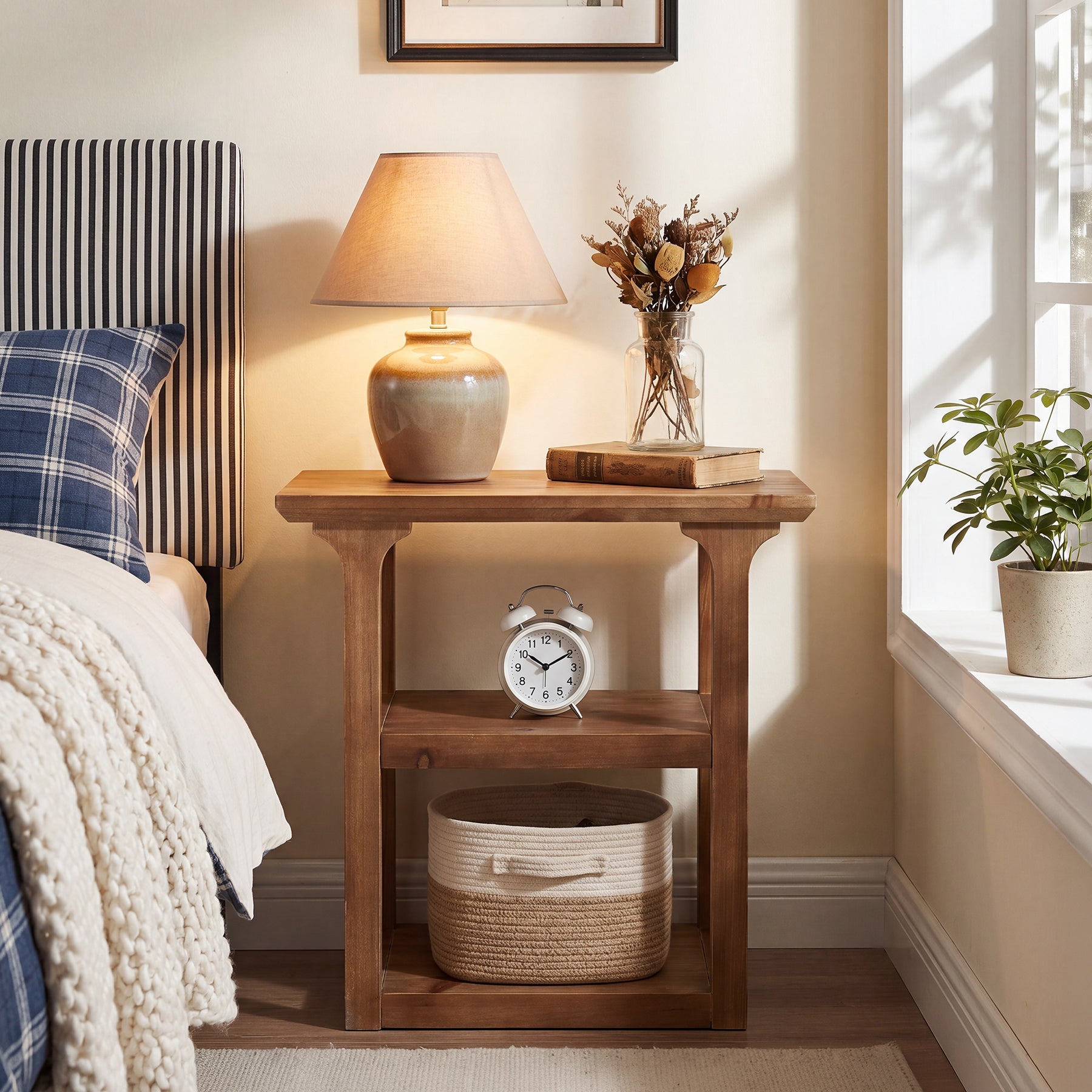 Tribesigns 23.6-Inch Solid Wood Nightstand with 3-Tier Storage, Farmhouse Bedside Table for Bedroom