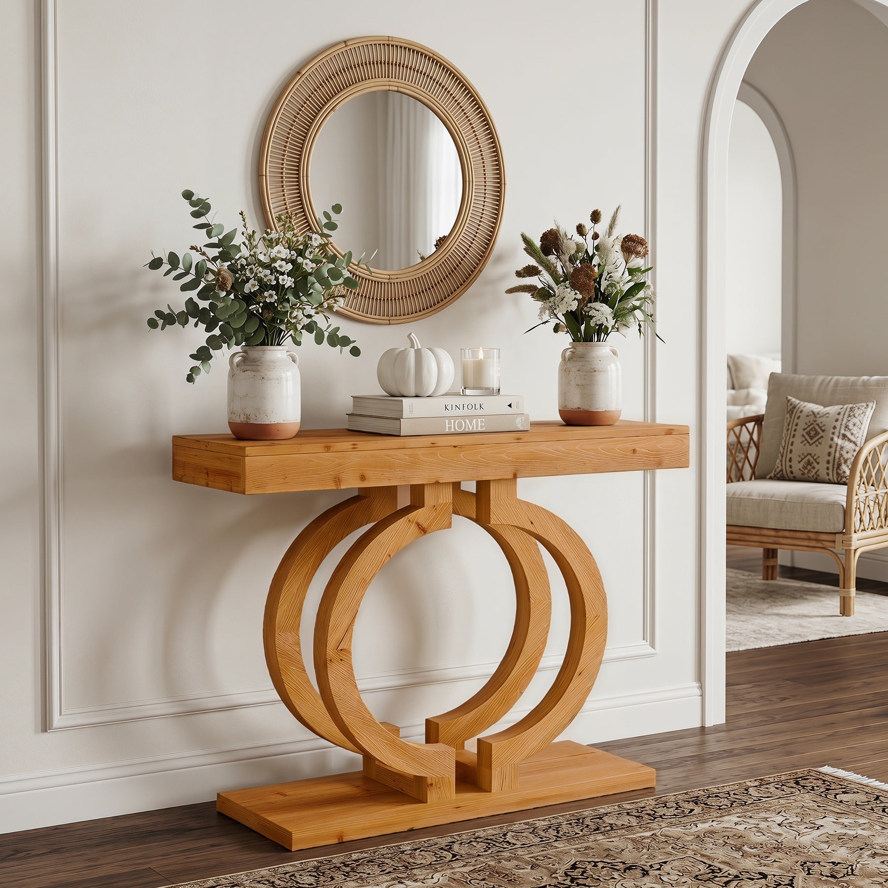 43.3-Inch Solid Wood Console Table with Double-Circle Base, Narrow Entryway Accent Table for Hallway