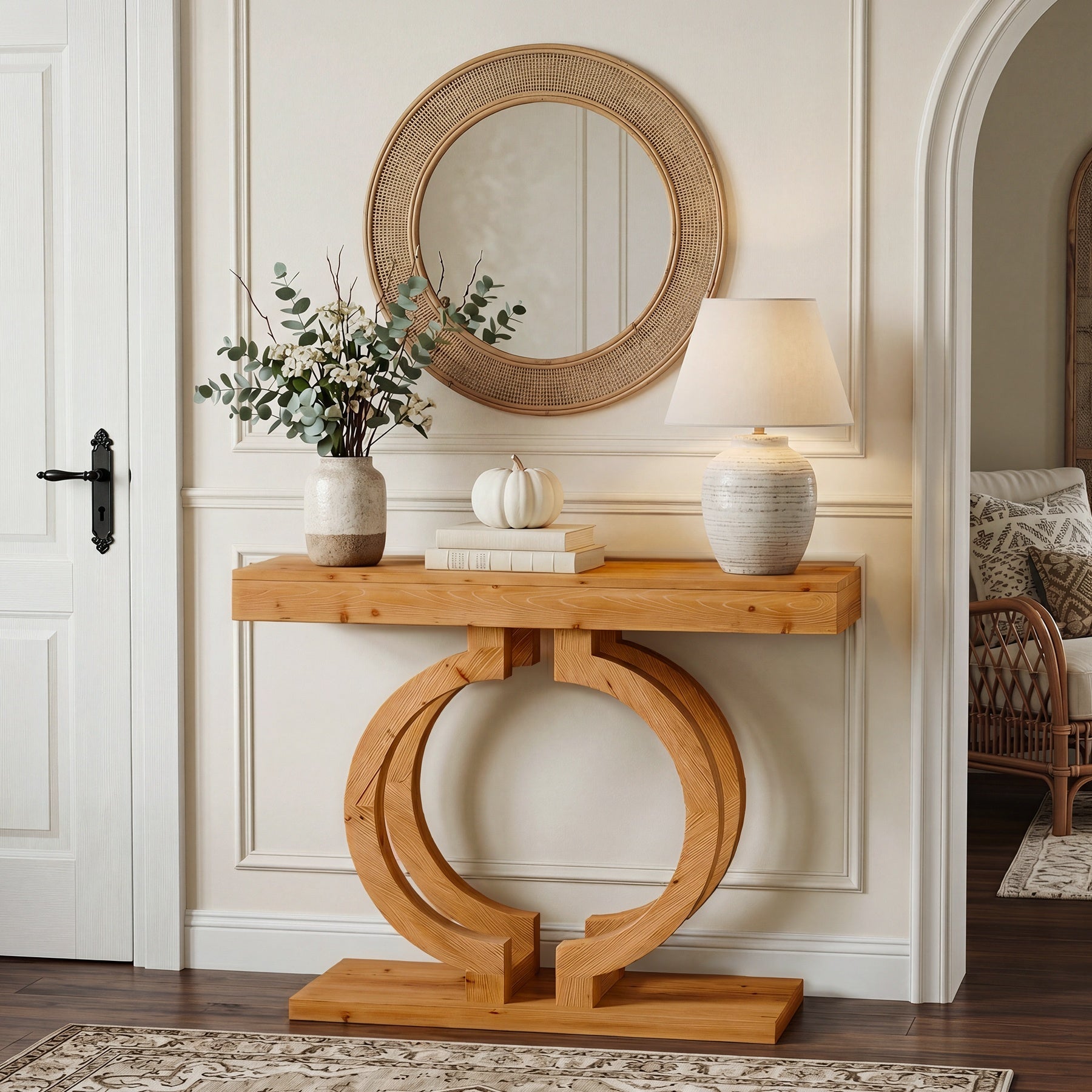 43.3-Inch Solid Wood Console Table with Double-Circle Base, Narrow Entryway Accent Table for Hallway