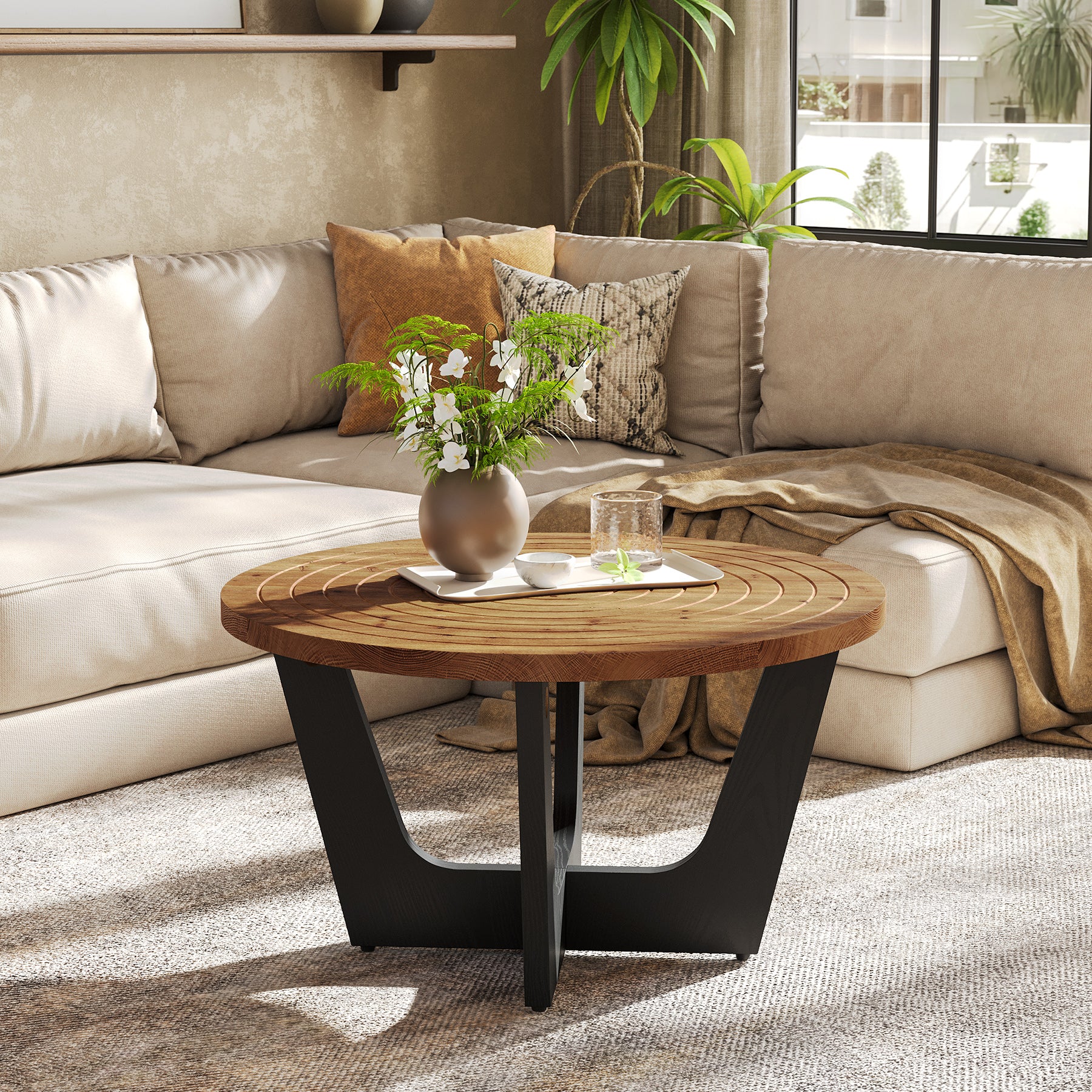 31.5-Inch Round Solid Wood Coffee Table with Ring Groove
