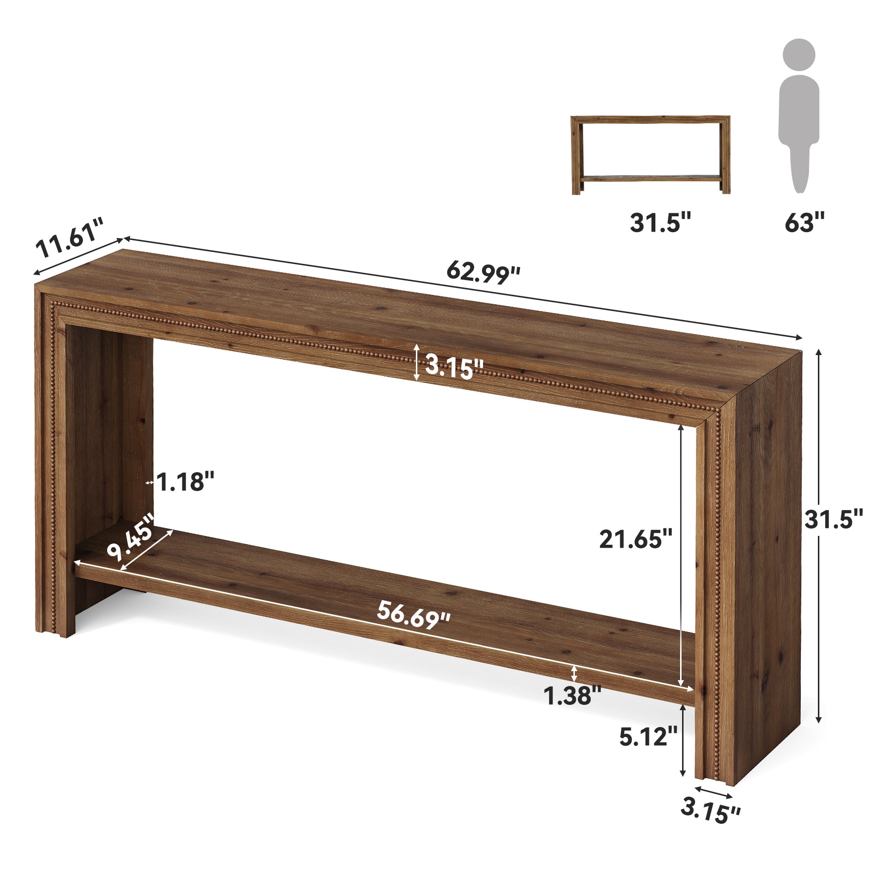 Tribesigns 63-Inch Solid Wood Console Table with Rivet Detailing and 2-Tier Storage Shelf, Farmhouse Narrow Entryway Table for Living Room Hallway and Entryway
