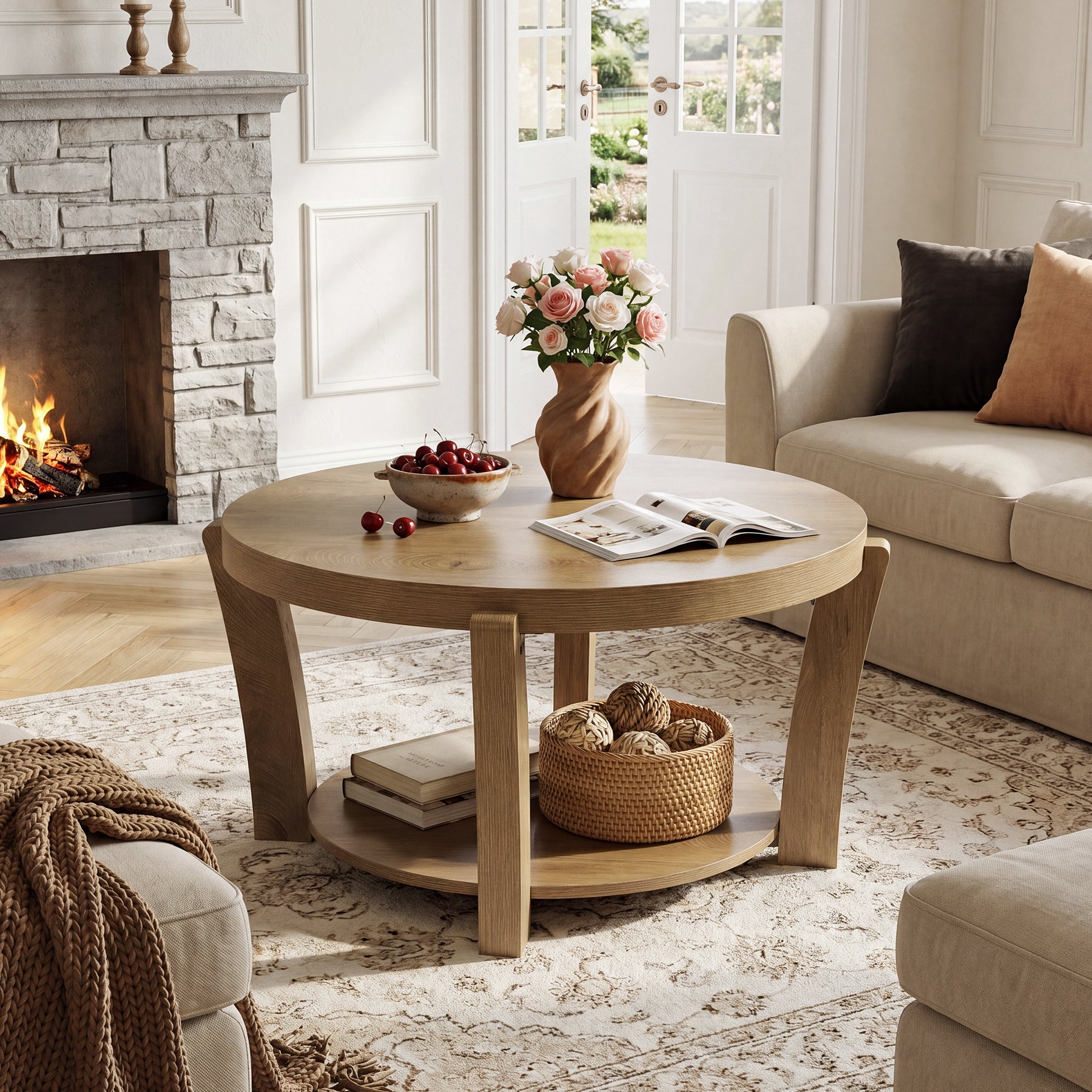 31.5-Inch Round Coffee Table with 2-Tier Open Storage, Farmhouse Wooden Center Table for Living Room