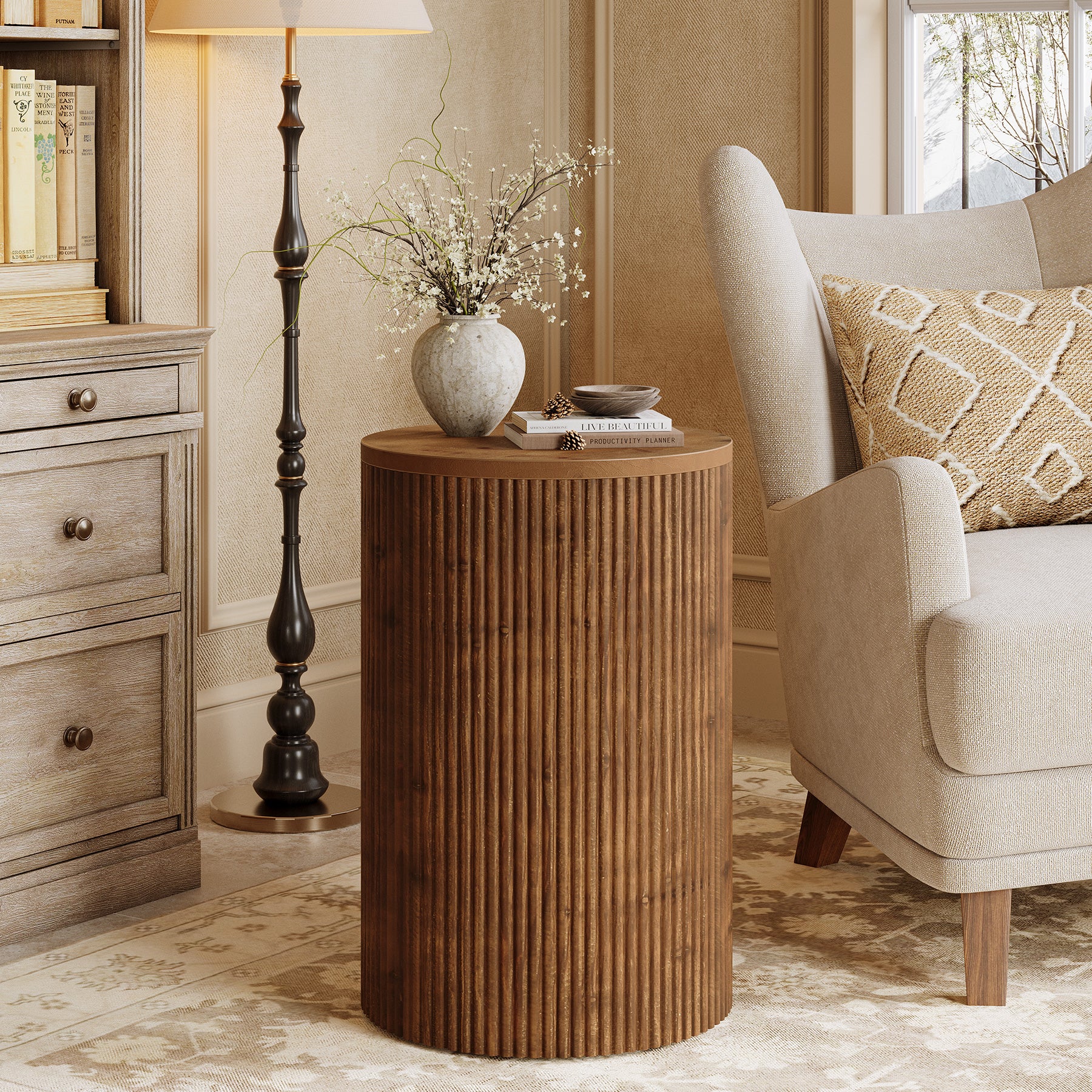 Tribesigns Solid Wood Round Side Table with Fluted Design and 4 Wheels, No-Assembly End Table with Storage for Living Room Bedroom and Small Spaces