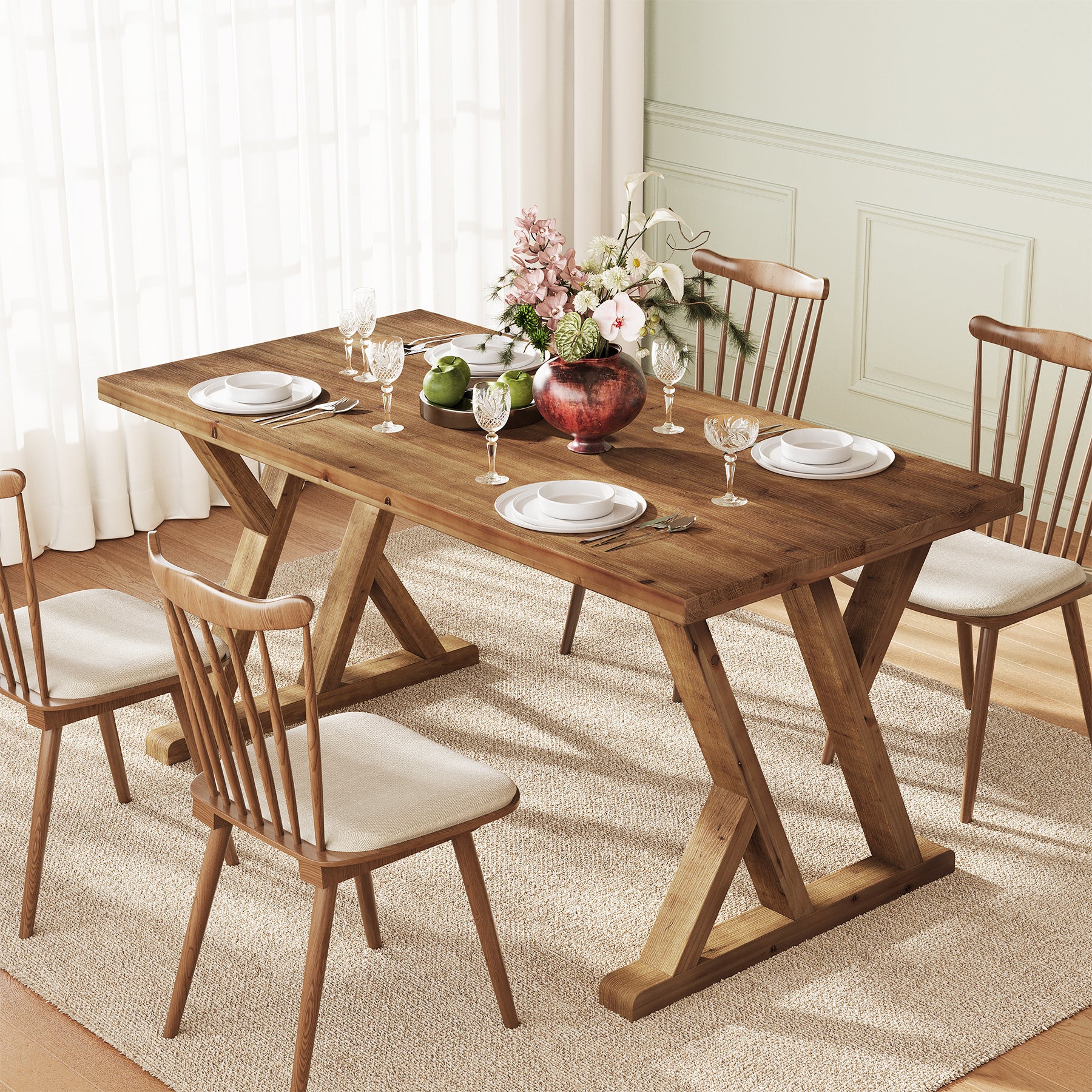 Tribesigns 63-Inch Solid Wood Dining Table with X-Shaped Legs, Rectangular Farmhouse Kitchen Table for 4-6 People Dining Room Rustic Brown