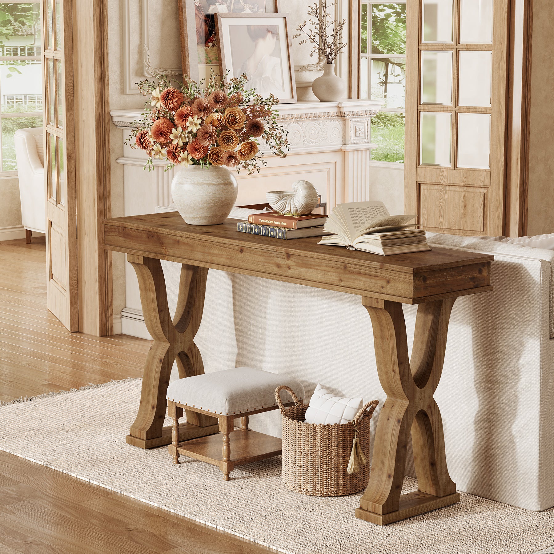 63 Inch Solid Wood Console Table, Farmhouse Narrow Entryway Sofa Table