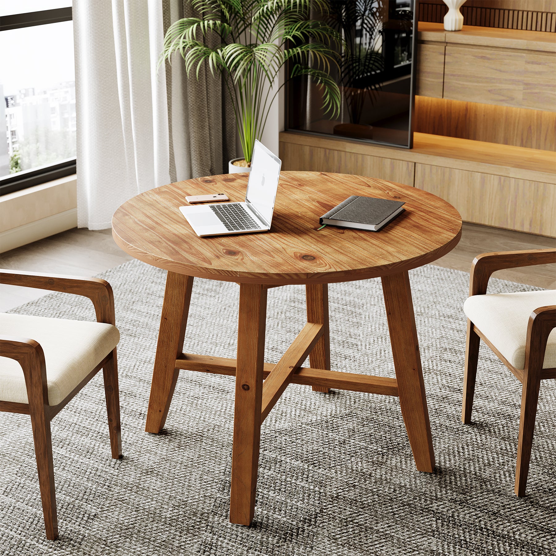 31.5" Solid Wood Round Conference Table for 2–4, Small Space Office Meeting Table