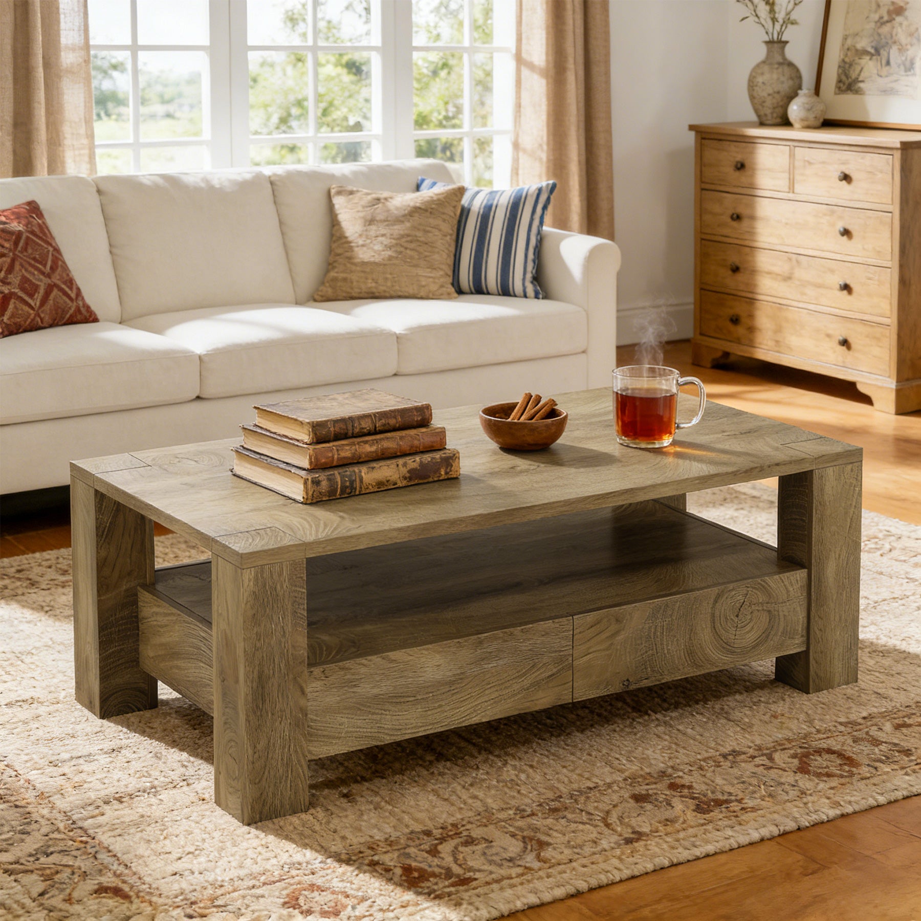 Tribesigns 47-Inch Coffee Table with Storage, Farmhouse Center Table with Drawers & Open Shelf