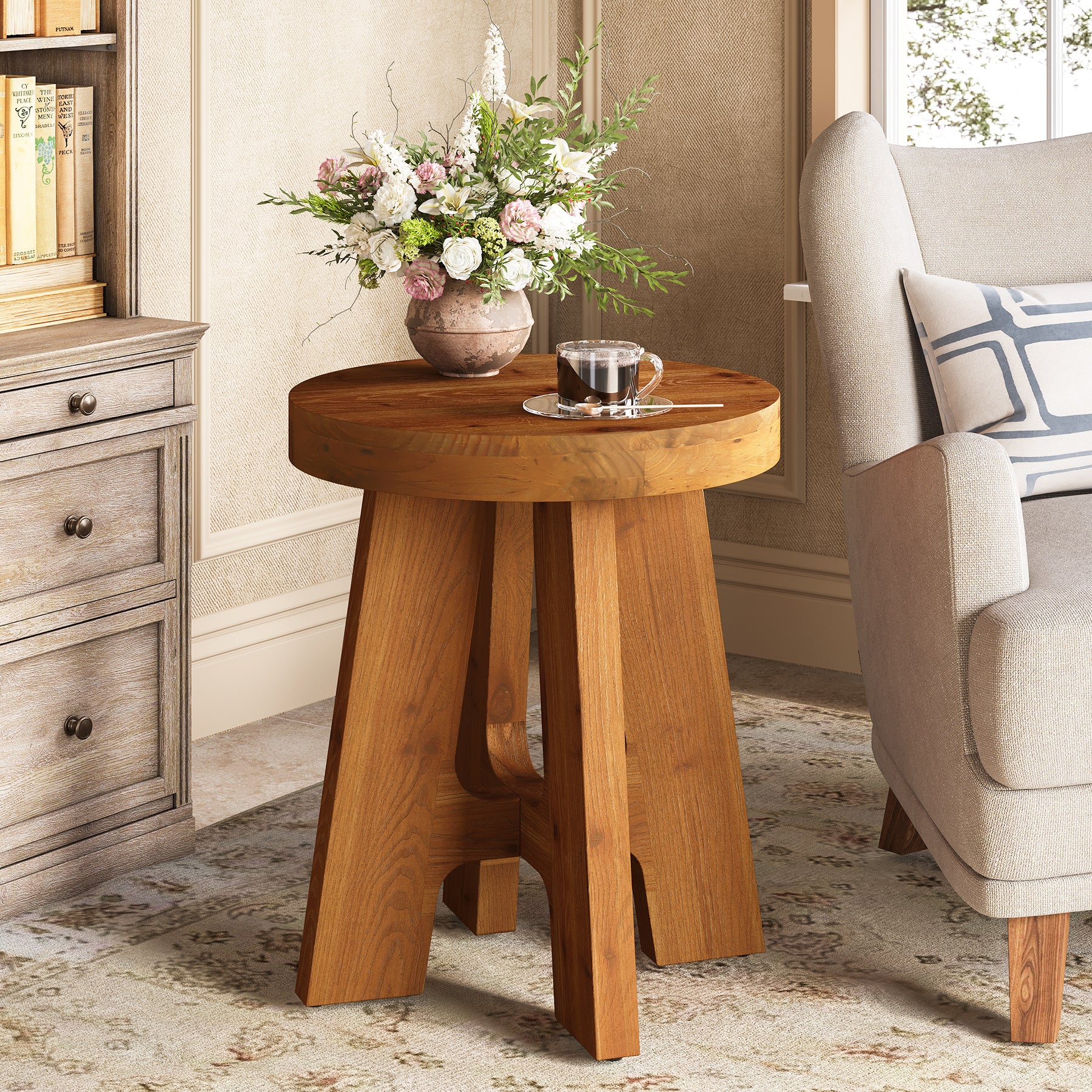 Solid Wood Round Side Table with Heavy-Duty Legs, Farmhouse End Table for Living Room