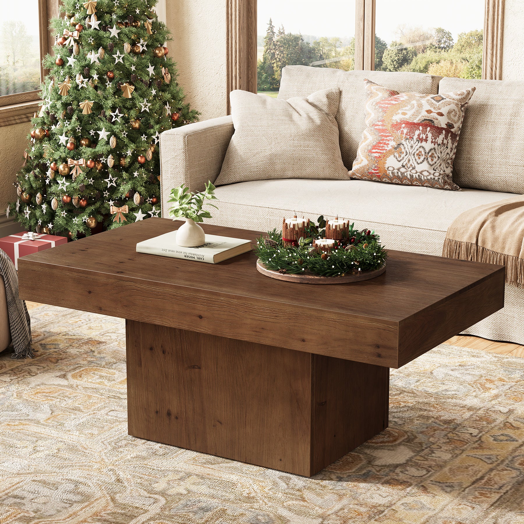 Tribesigns 47.24-Inch Solid Wood Coffee Table, Mid Century Modern Rectangle Center Table with Wooden Pedestal for Living Room