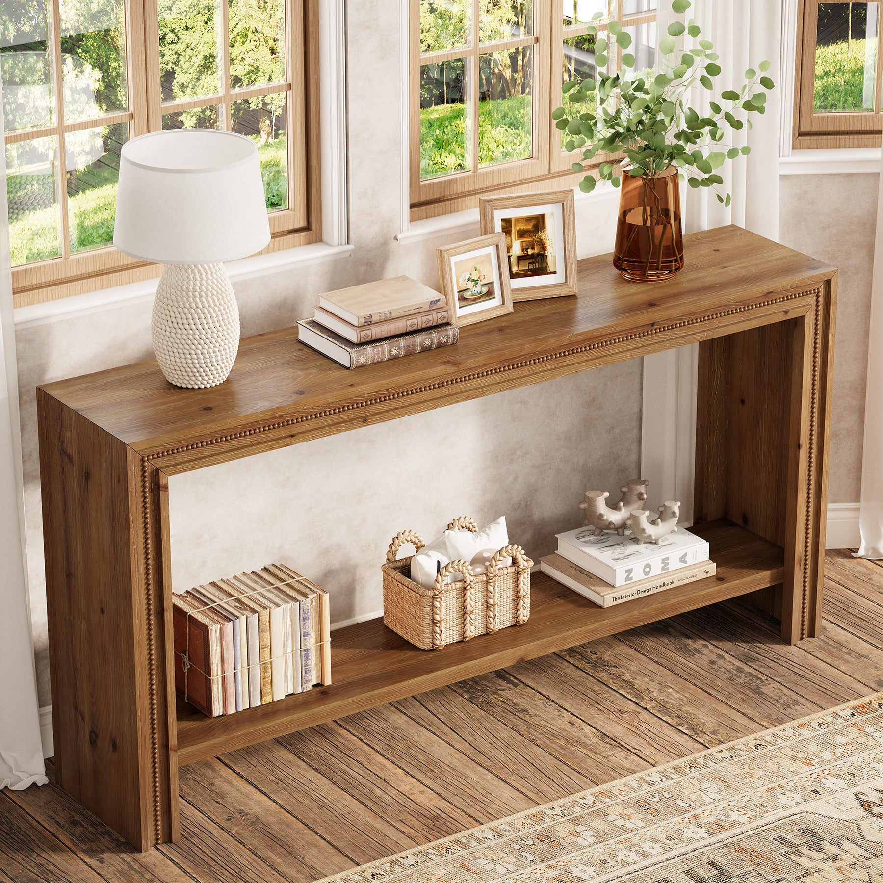 Tribesigns 63-Inch Solid Wood Console Table with Rivet Detailing and 2-Tier Storage Shelf, Farmhouse Narrow Entryway Table for Living Room Hallway and Entryway